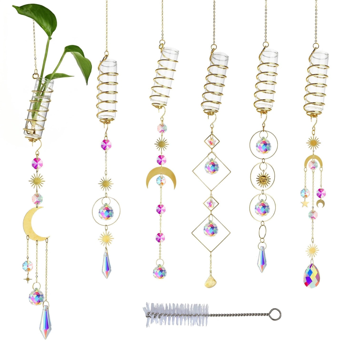 HDCRYSTALGIFTS 6Pcs Crystal Suncatchers with Propagation Stations,Glass Wall Planters for Indoor Plants Hydroponics - Propagation Tubes Jars with Sun Catchers Metal Chain for Home Whimsical Decor