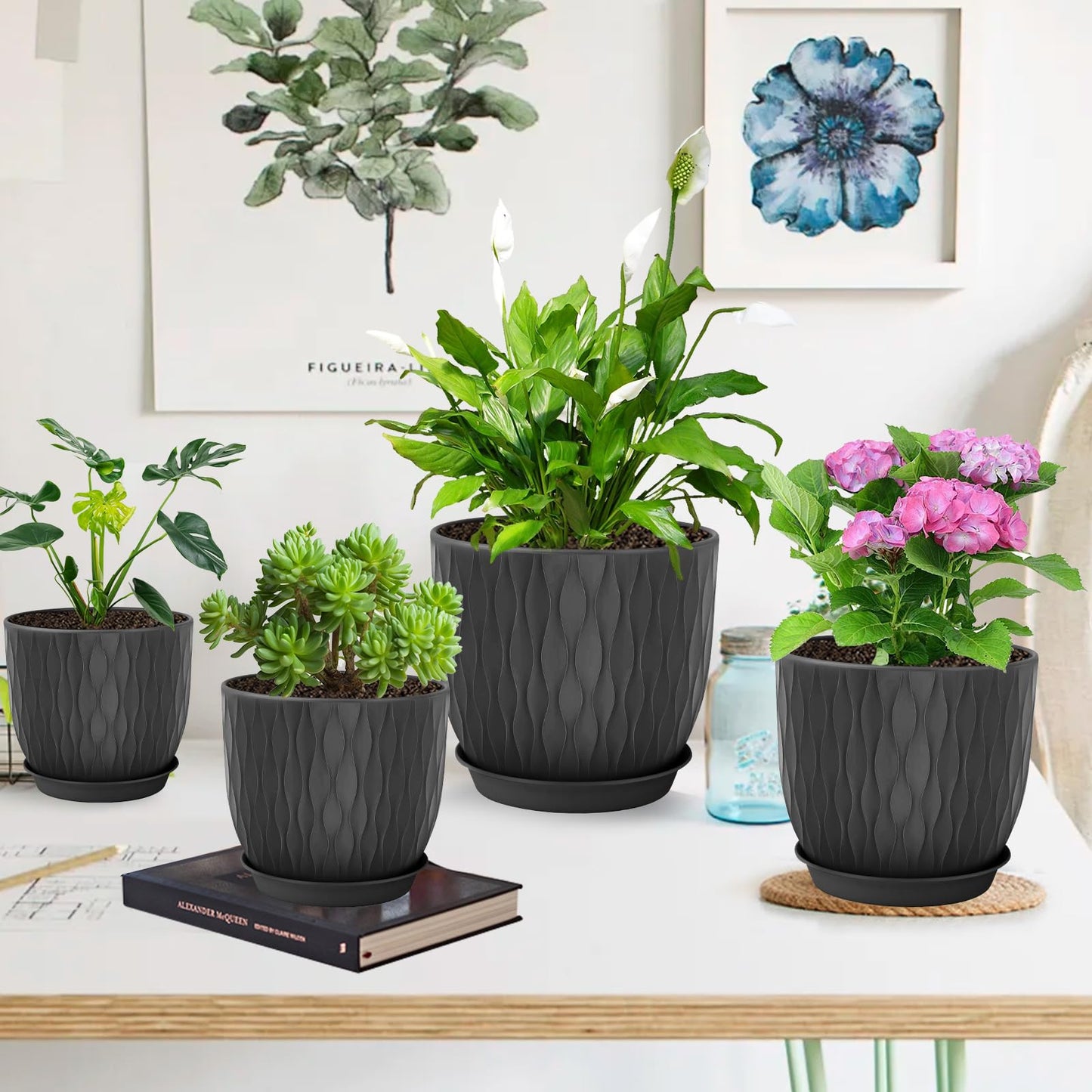 LESOASIS Plastic Plant Pots 10/9/8/7.5/7 inch Set of 5, Flower Planters with Drainage Holes and Saucers, Plastic Pots for Indoor Outdoor Plants, Livingroom Garden Decor (Black)