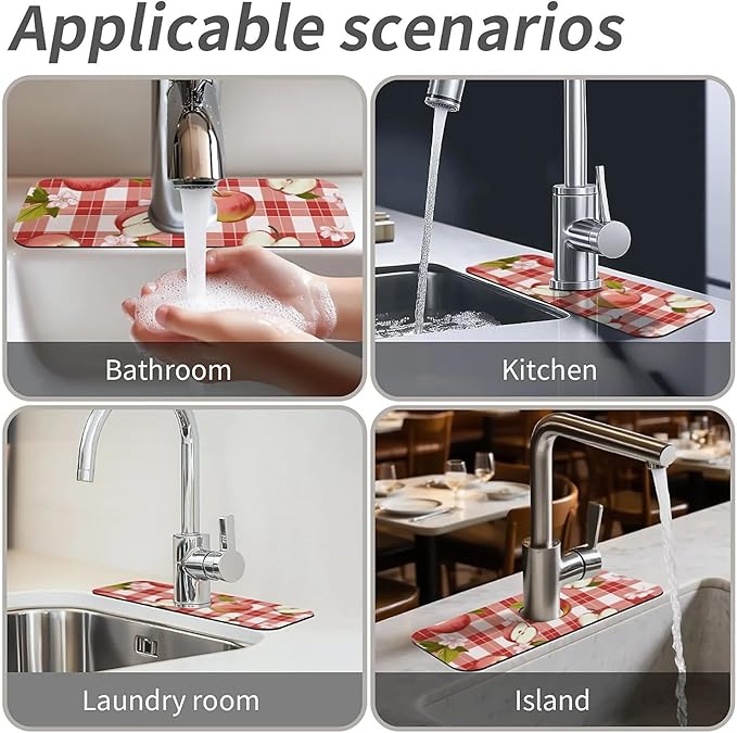 Kitchen Sink Splash Guard,Apple-on a checkered Faucet Mat Sink Gadgets-Super