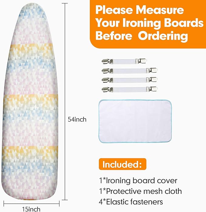 Ironing Board Cover and Pad, 15x54 Standard Size Thick Iron Padding, Scorch &