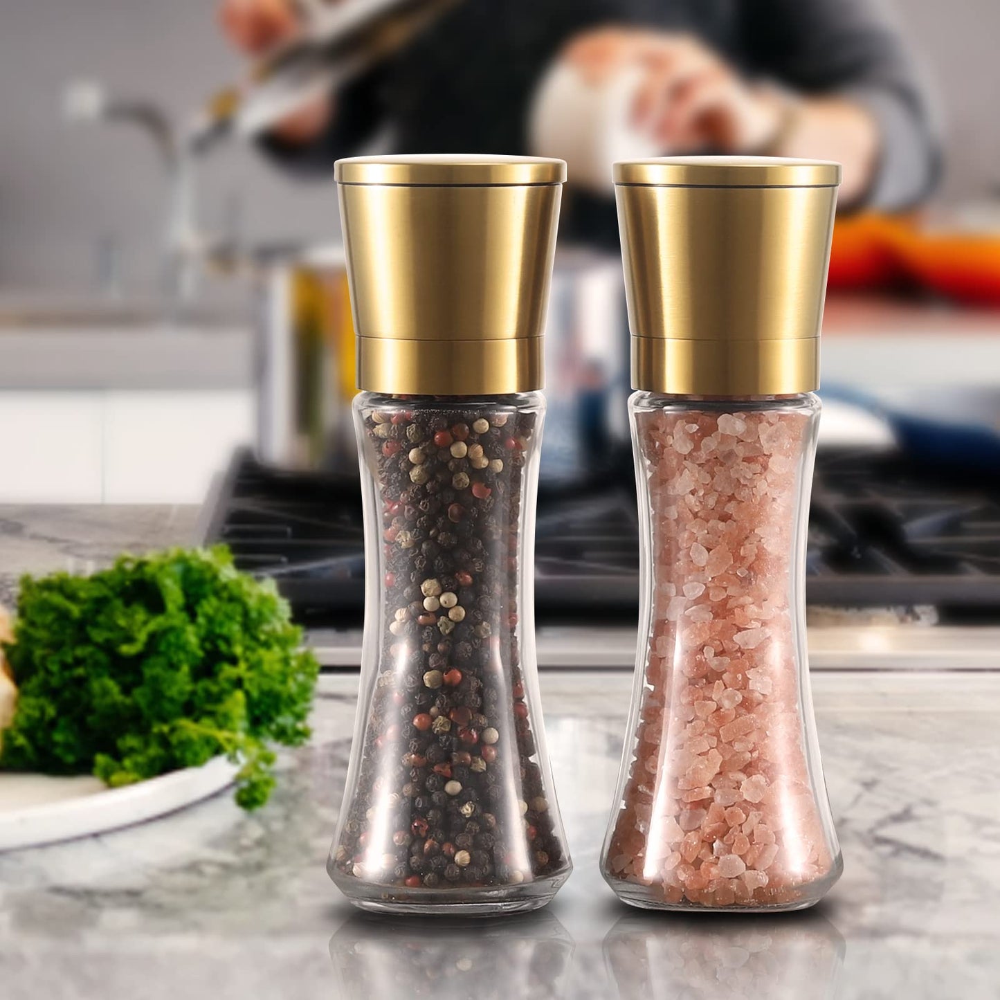 VEVOK CHEF Gold Salt and Pepper Grinder Mill Set Stainless Steel Pepper Shaker Adjustable Ceramic Coarseness Salt Grinder Black Pepper Spice Grinder Mill
