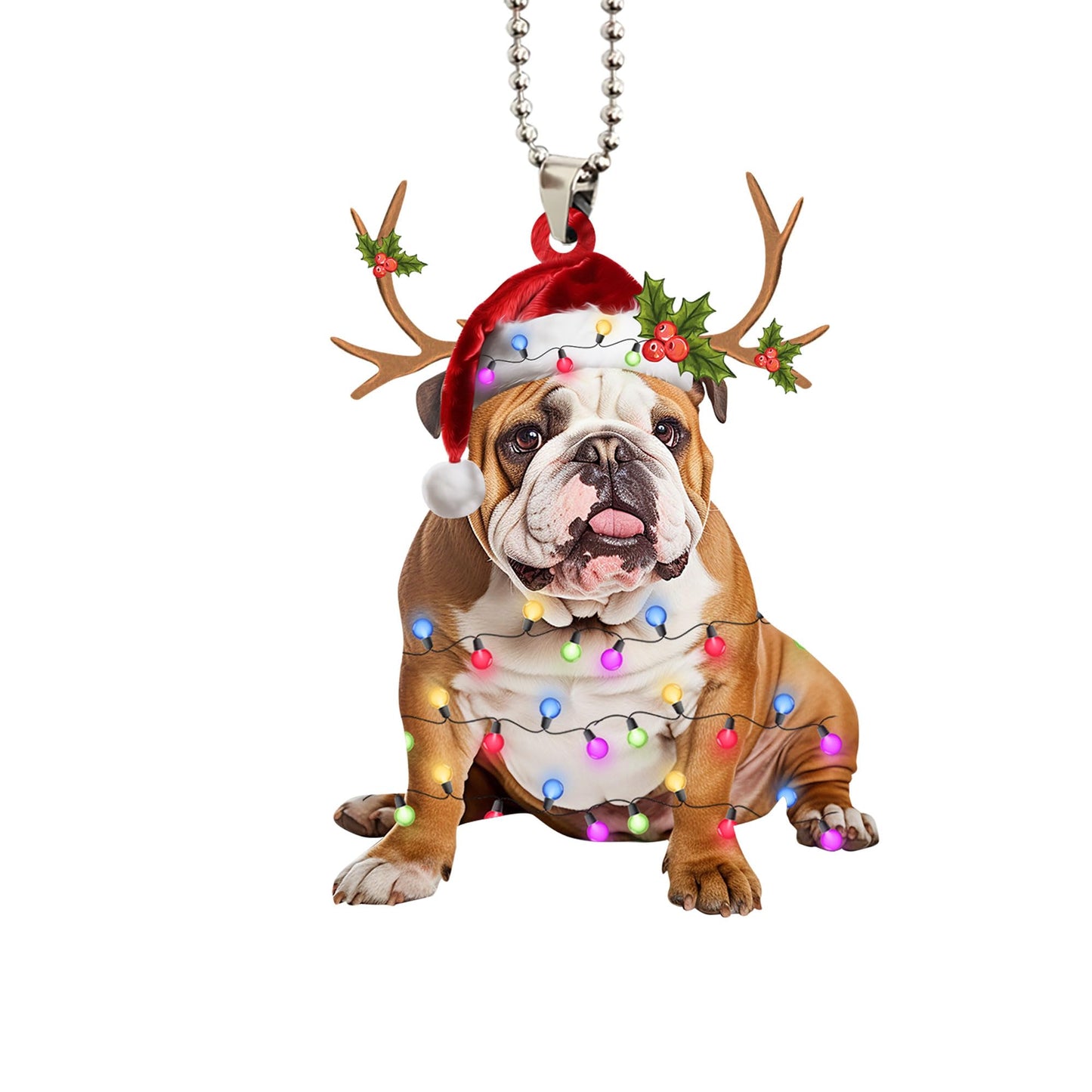 Talataca English Bulldog 2D Flat Christmas Ornament, Bulldog Inglés Christmas Hat Reindeer String Light Pine Tree Decor, Hanging House Charm Eve Keepsake, Car Rear View Mirror Accessories, Xmas Gift