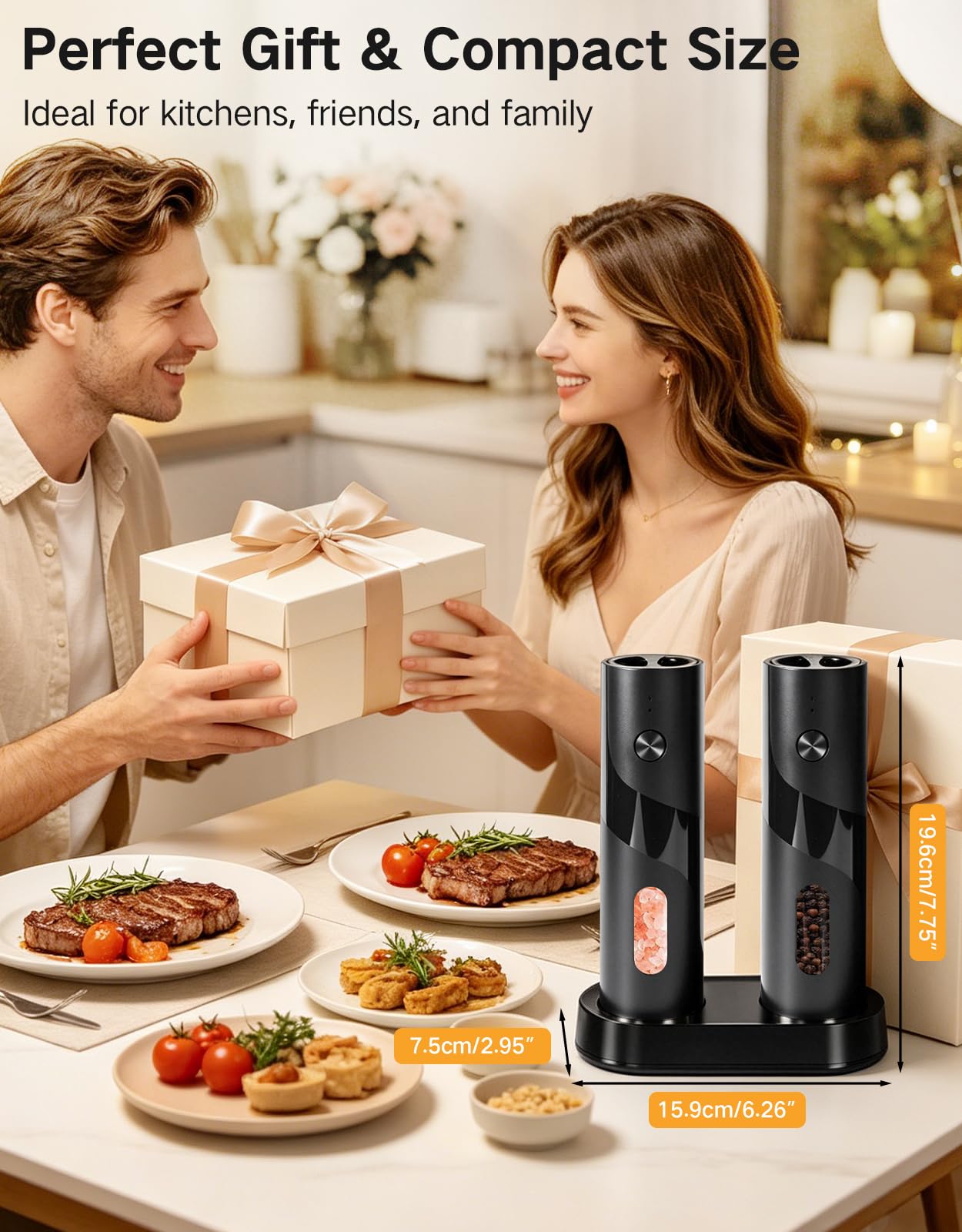 OUTONLIFE Electric Rechargeable Salt and Pepper Grinder Set, 110ml Large Capacity, USB-C with Charging Base, LED Light, Automatic Pepper Mills with Adjustable Coarseness, Ideal Gift for Kitchen, Home