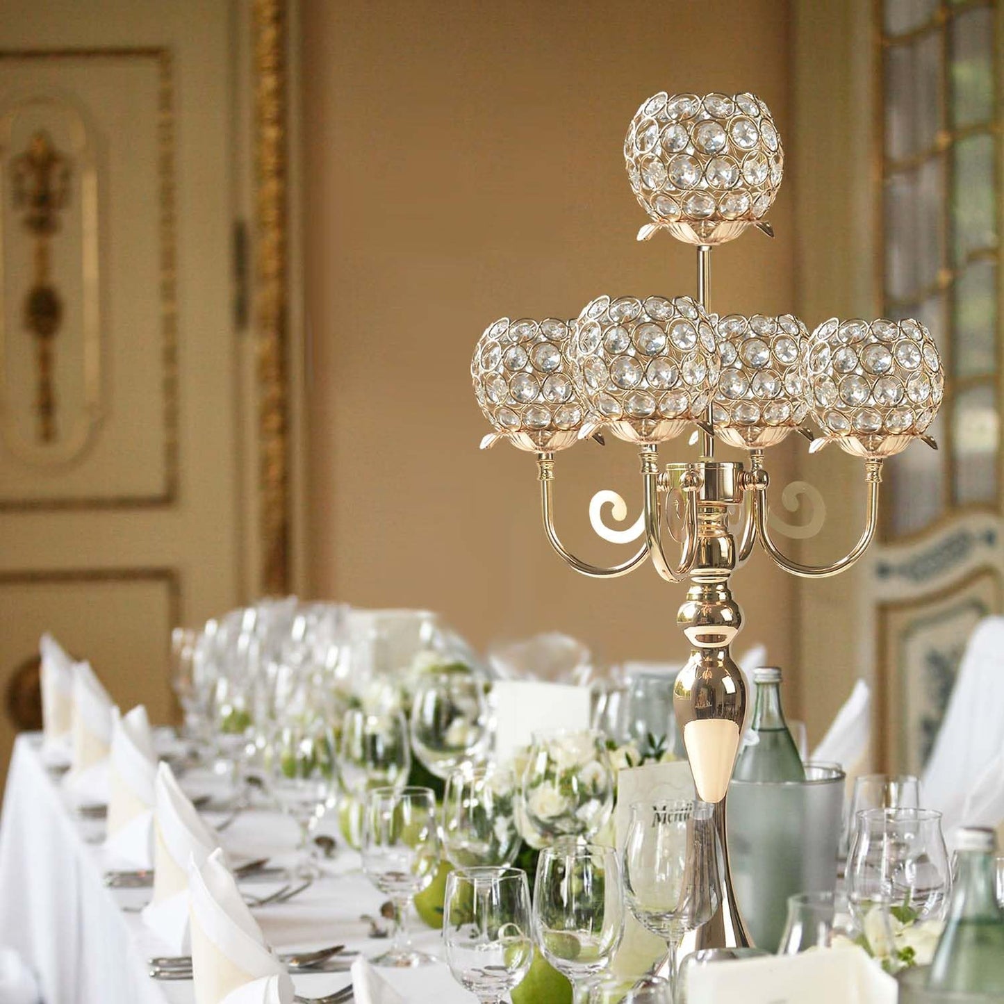 kolnlala 4Pcs 22 Inch Tall 5-Arm Gold Elegant Crystal Candelabra – Fancy Looking Candle Holder, Perfect for Your Table Centerpiece, Wedding & Christmas Dinner Party Events, Home Decor