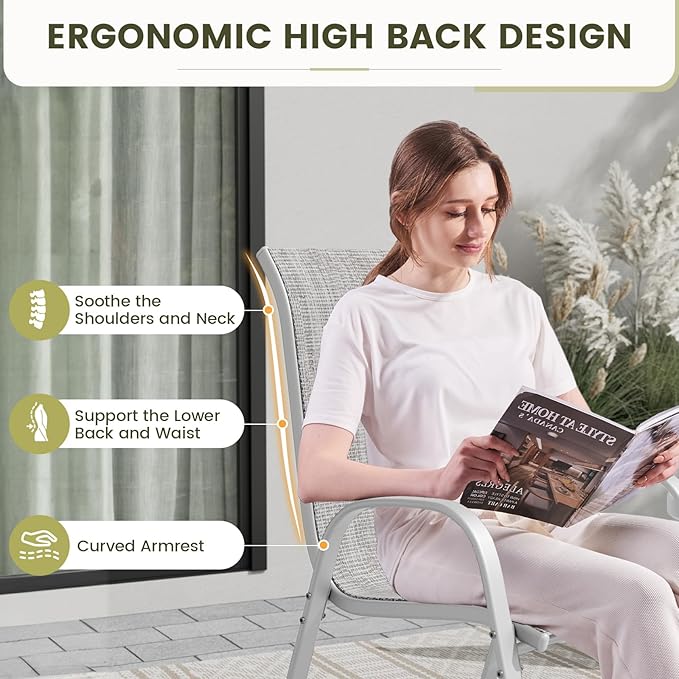 UDPATIO Patio Chairs Set of 4, Stackable Silver Outdoor Dining Chairs with High Back, Breathable Outdoor Chair Textilene Fabric All Weather, 350LBS Capacity for Garden, Backyard (Light Grey)