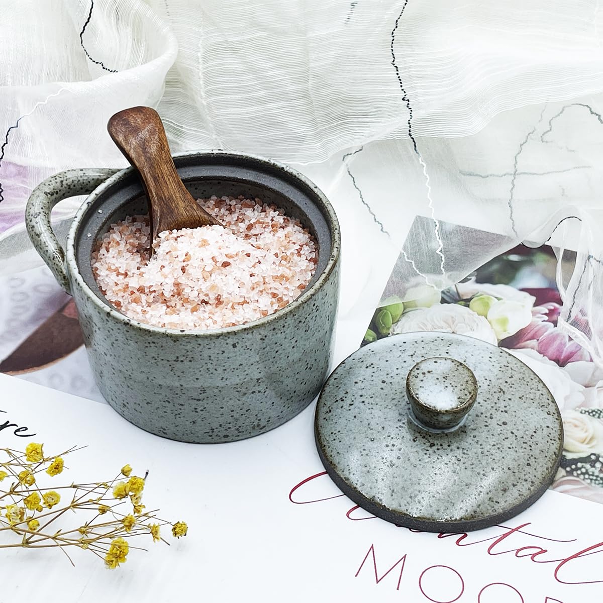 YILUSHENGHUA 8 oz Ceramic Salt Cellar with Lid & Wooden Spoon,Countertop Salt Container,Sugar Bowl,Spices Jar| Artisan Kitchen Decor(Gray)
