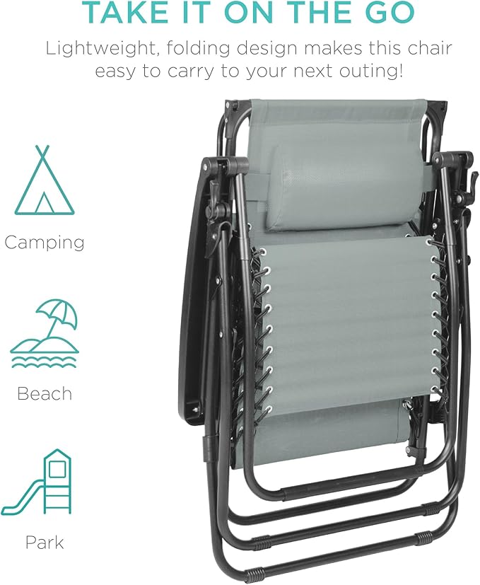 Best Choice Products Folding Zero Gravity Outdoor Recliner Patio Lounge Chair w/Adjustable Canopy Shade, Headrest, Side Accessory Tray, Textilene Mesh - Stardew