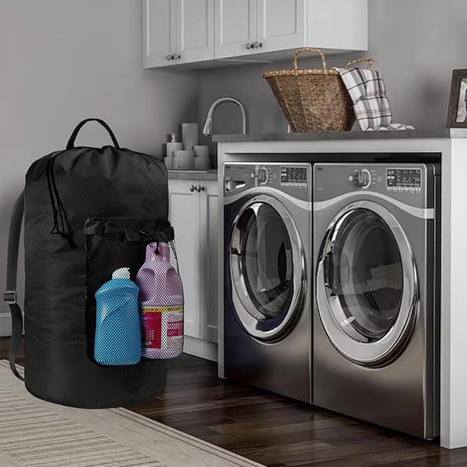 Laundry Bag with Shoulder Straps and Mesh Pocket Laundry Backpack Large