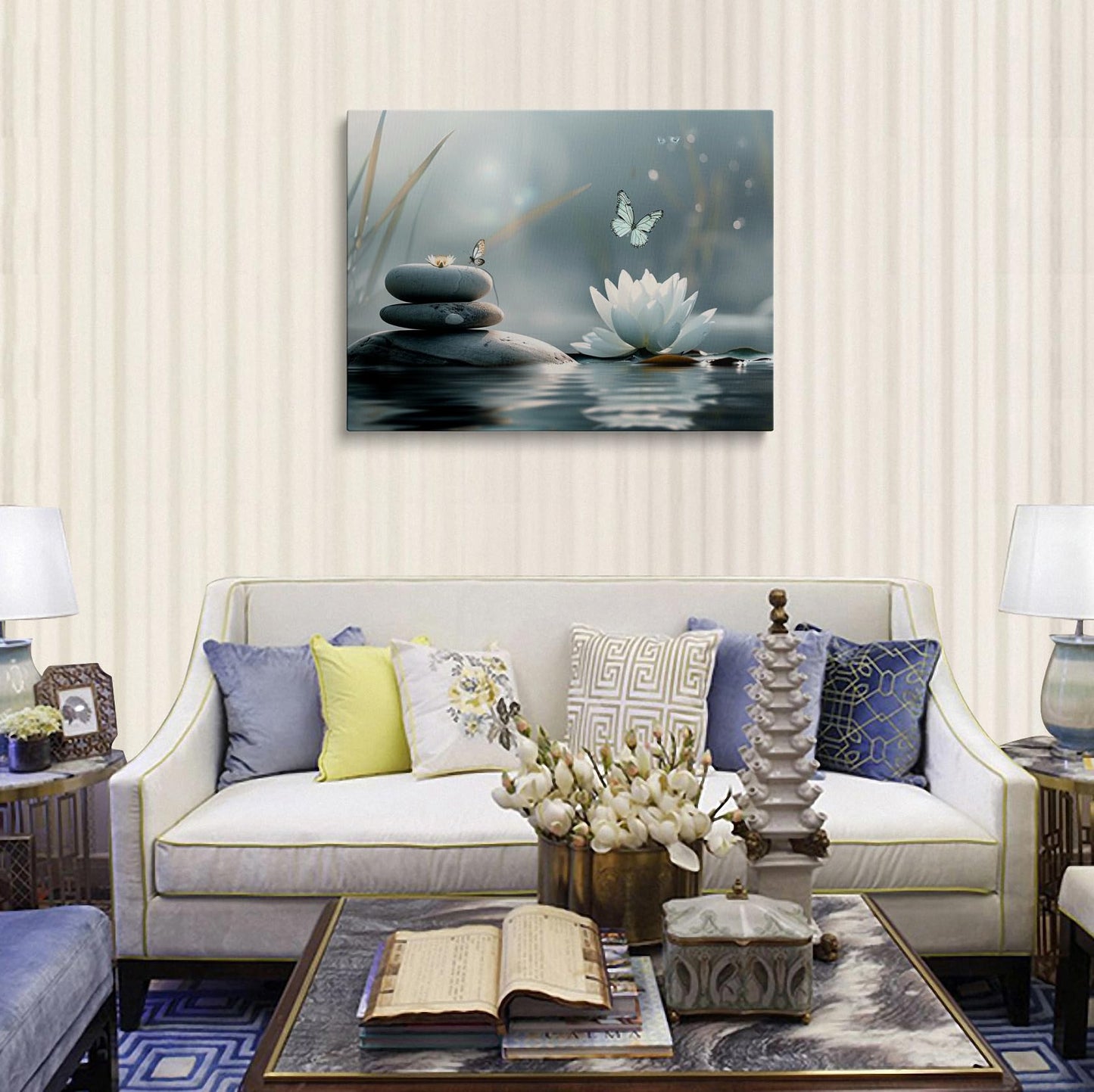 Zen Lotus Flower with Stones and Butterflies Canvas Wall Art Framed Serene Painting Prints Posters Artwork for Meditation Room Wall Decor Calming Spiritual Bathroom Art 12x16 Inches