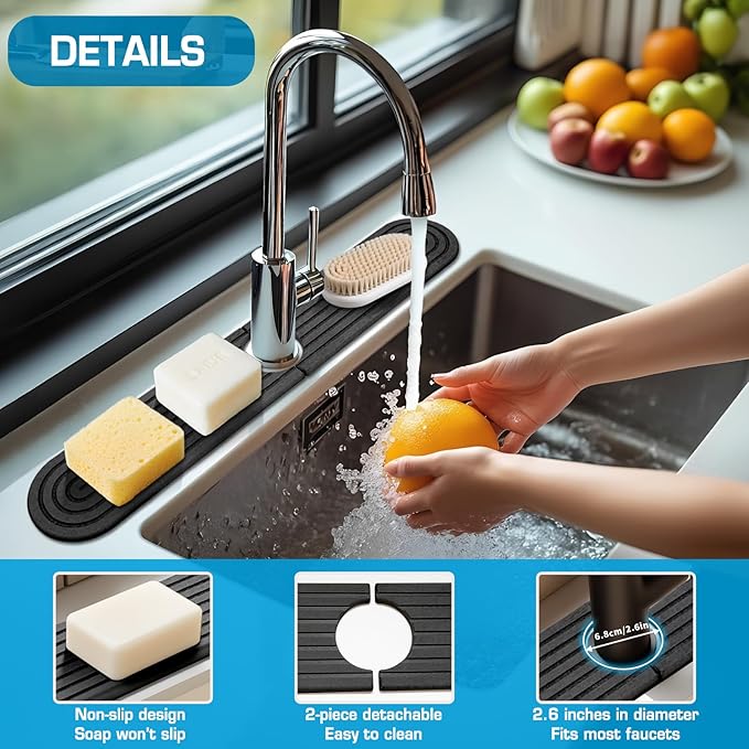 Dark Gray-Oval 23.6" Diatomite Kitchen Faucet Mat & Stone Sink Tray – Quick