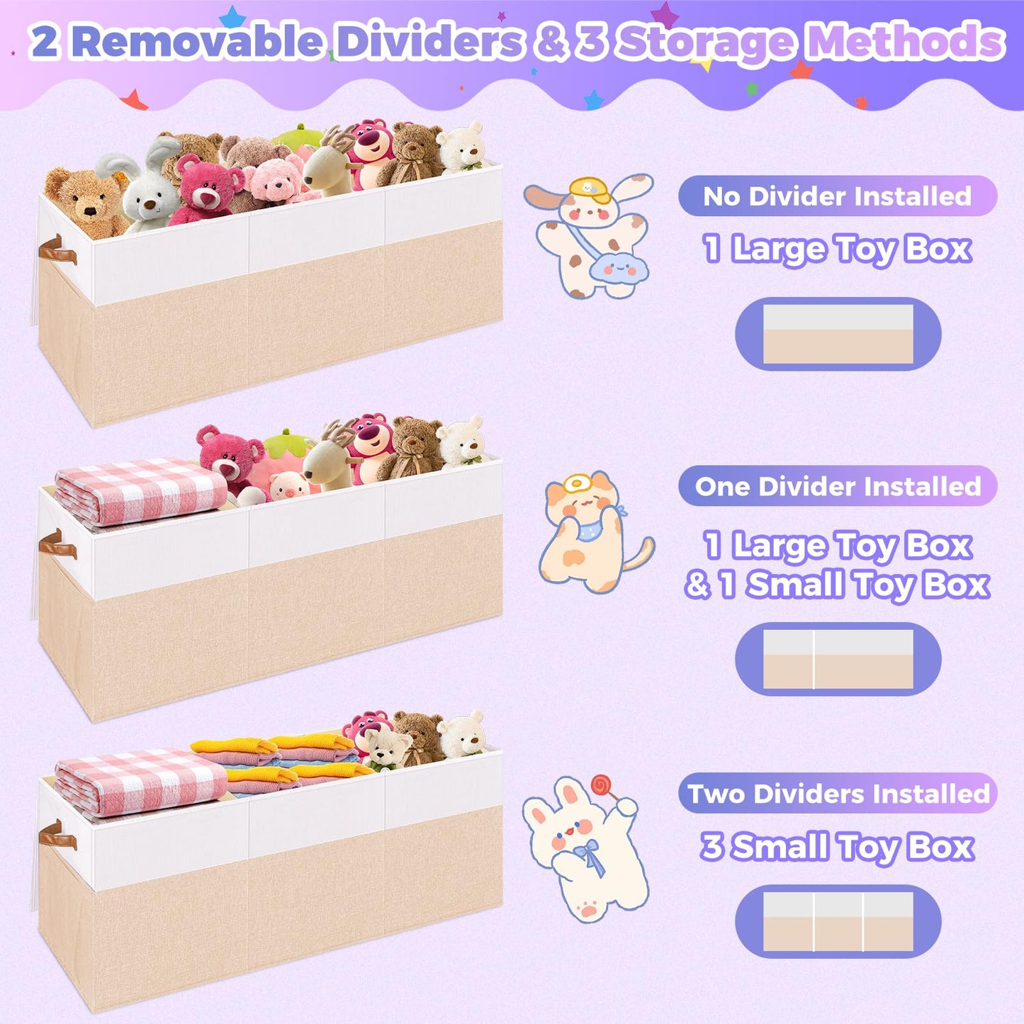 Extra Large Toy Storage Box with Lid, Collapsible Sturdy Toy Chest Storage Organizer Bin Basket with Divider for Kids, Boys, Girls, Closet, Playroom, Bedroom, Nursery, 40"X14"X16", Beige & White