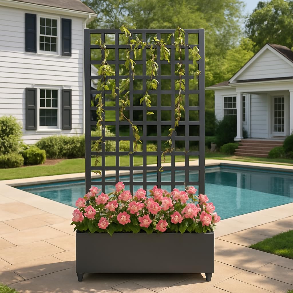 GarveeLife Metal Planter Box, with Square Lattice Trellis Planter Box, for Climbing Plants and Vines, Galvanized Raised Garden Bed On Wheels, Garden Bed with Trellis(72 in x35 in Black)