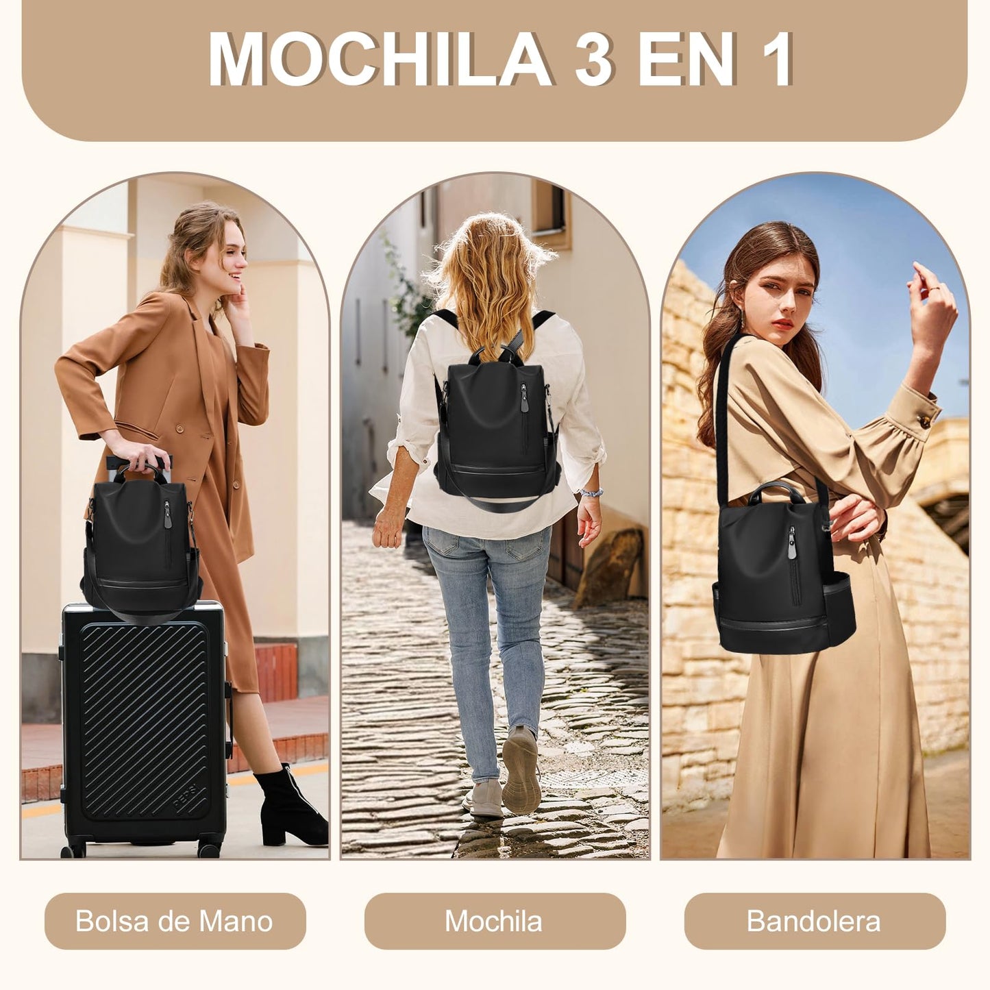 Eshow Backpack Womens Anti Theft with Purse, Ladies Rucksack Fashion, Shoulder Bag Nylon Casual, Small Daypack Handbag for Girls Daily Travel School Work Black
