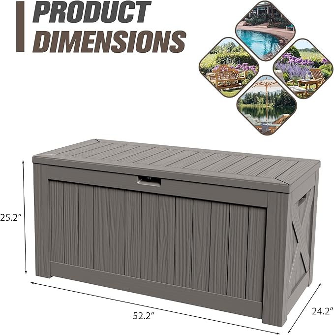 JUMMICO 120 Gallon Resin Deck Box, Large Outdoor Storage Box Waterproof & Lockable for Garden, Patio, Pools (Light Brown)
