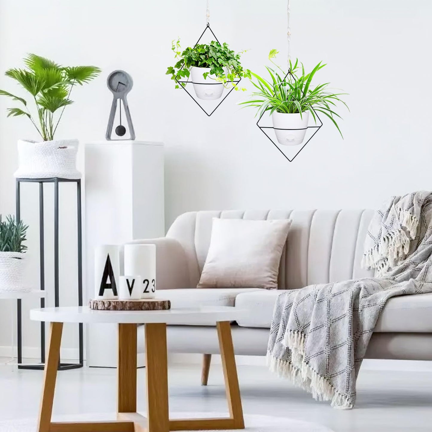 Koalaime Hanging Planters for Indoor Plants, 2 Set Self Watering Hanging Flower Pots, Modern Hanging Plant Baskets with Metal Plant Holder & 6.5 Inch Plastic Pots for Garden Home Decor (White)