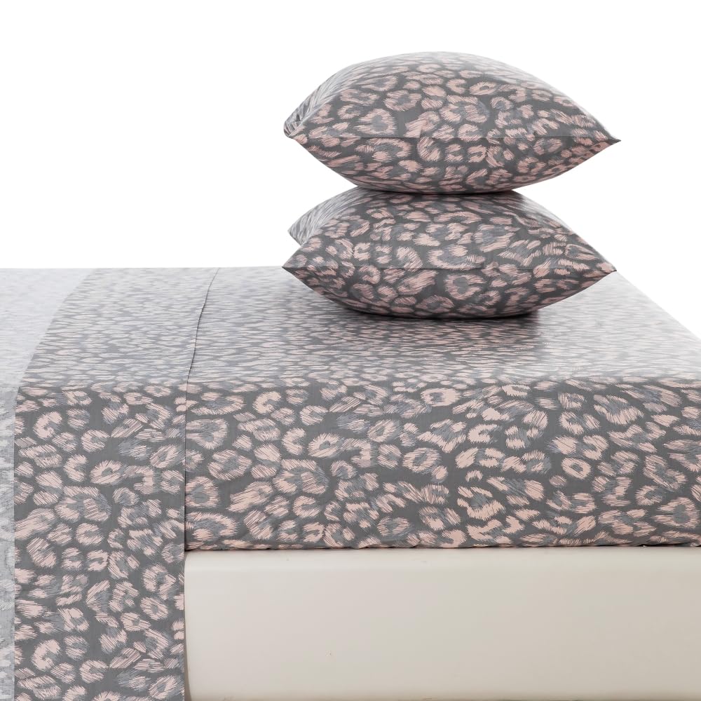 DAUAOTO King Size Printed Sheets Set, 100% Cotton Bedding Sets, Up to 14" Deep Mattress, Modern Pattern Bedlinen Set, Leopard Gray