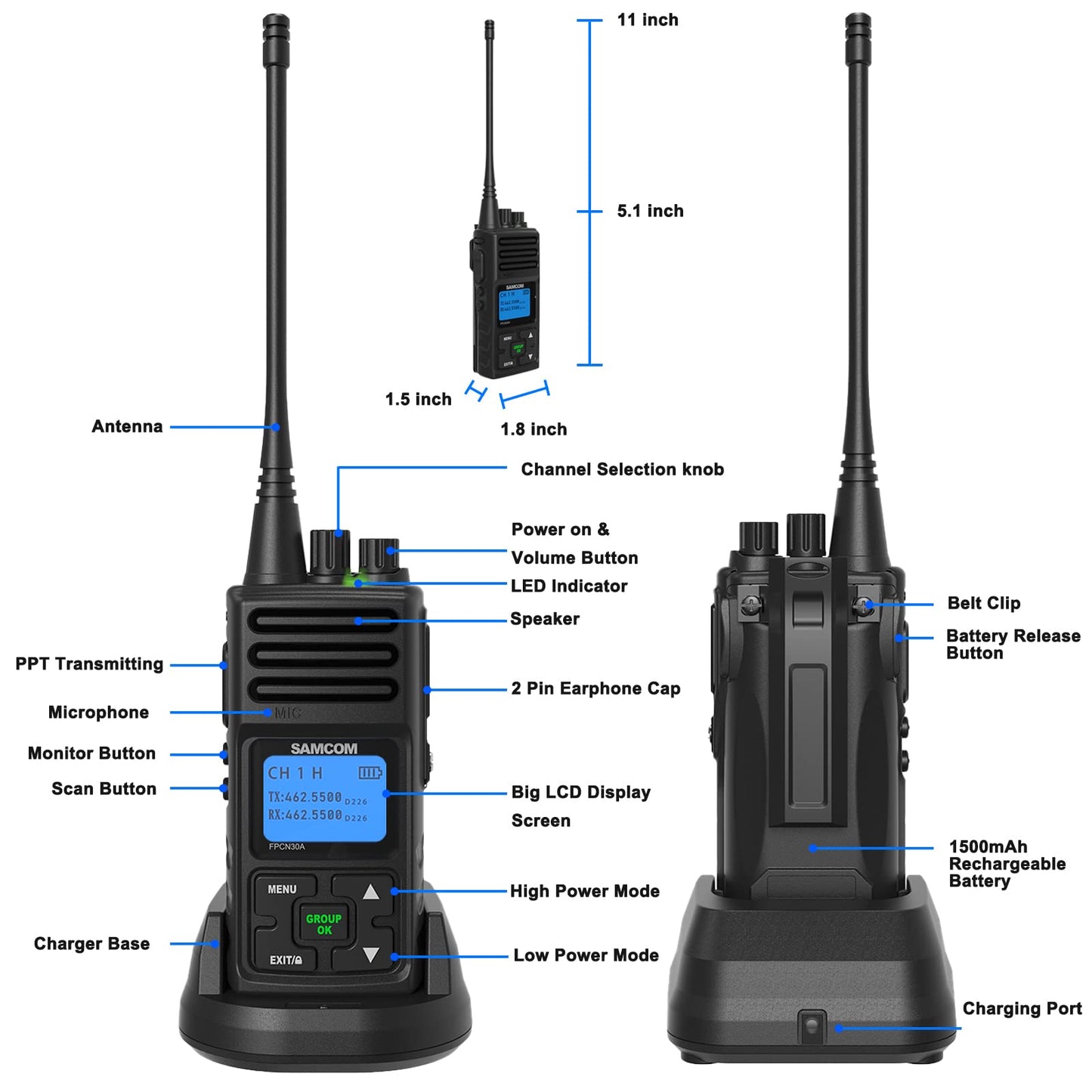 SAMCOM 2 Way Radios FPCN30A Two Way Radios Long Range Rechargeable 5 Watts UHF Professional Handheld Radios Walkie Talkies with GROUP CALL,1500mAh Battery and Earpieces for Commercial Business,3 Packs