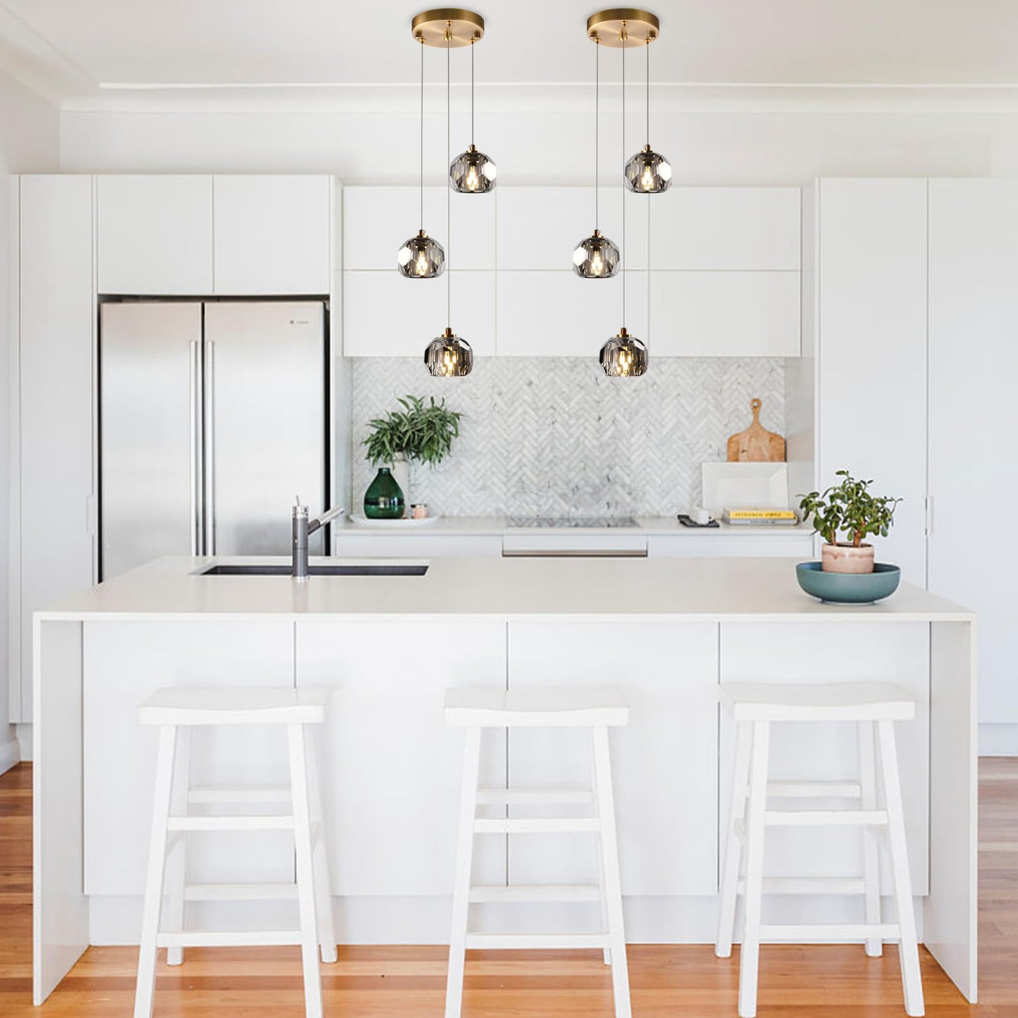 Yaskina 3-Light Prism Crystal Pendant Light, Modern Smoke Crystal Pendant Light Fixtures 9W, Triple Pendant Round Ceiling Pendant Lighting for Dining Room Kitchen Island