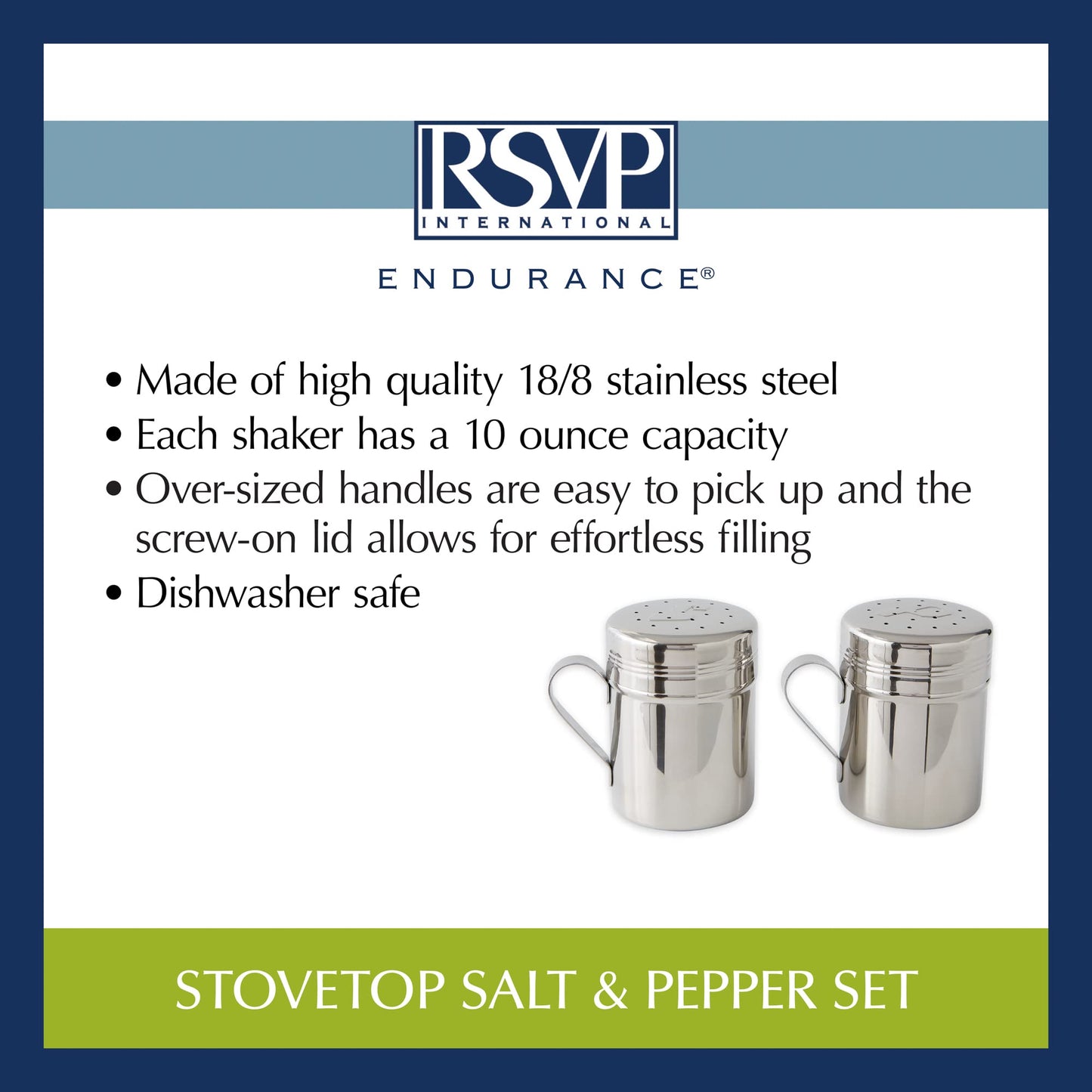RSVP International Endurance Kitchen Shaker Collection, Dishwasher Safe, Salt & Pepper Set, 10-Ounce, Stainless Steel