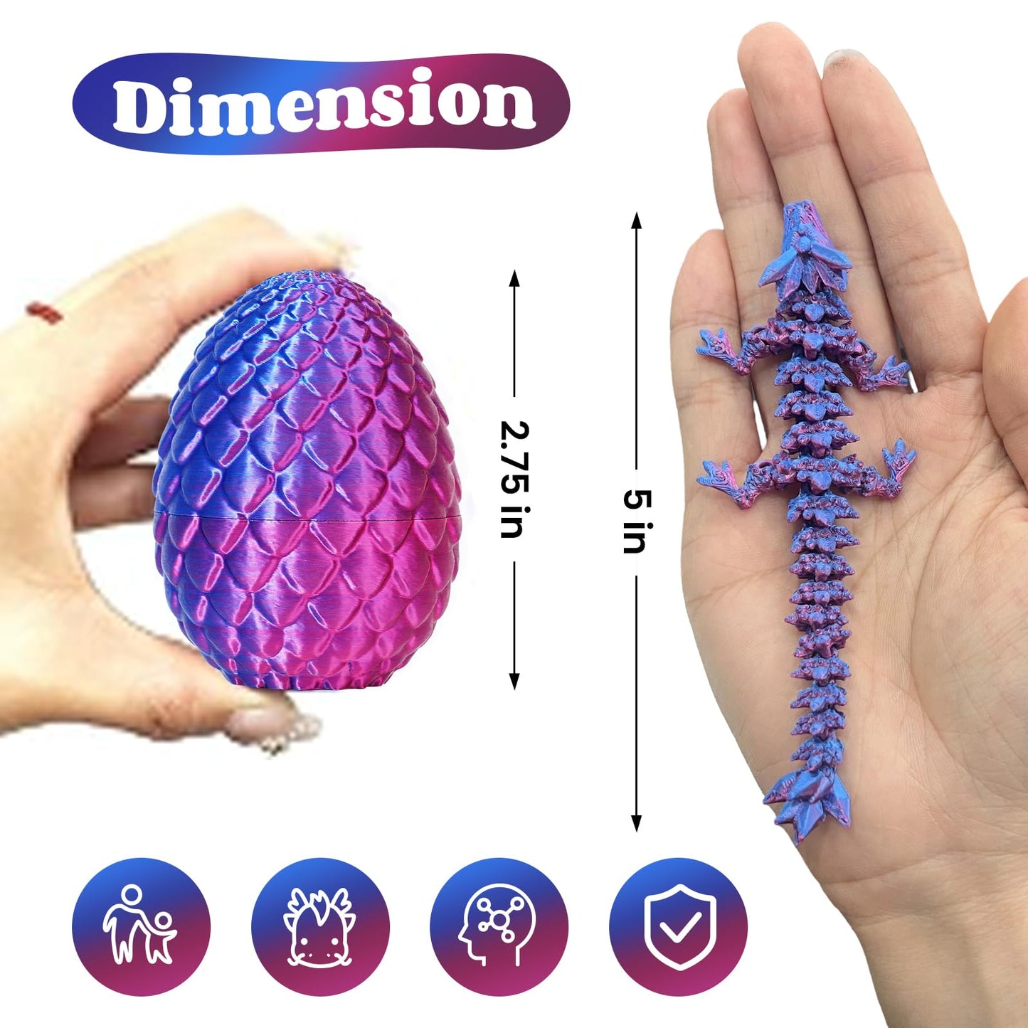 TBOLINE 4PCS 3D Printed Dragon Egg, Articulated Crystal Animals Fidget Toy Kid, Small 3D Printer Dinosaur Dino Eggs Toy Easter Gifts for Kids Boy Girls (4-Piece-C)