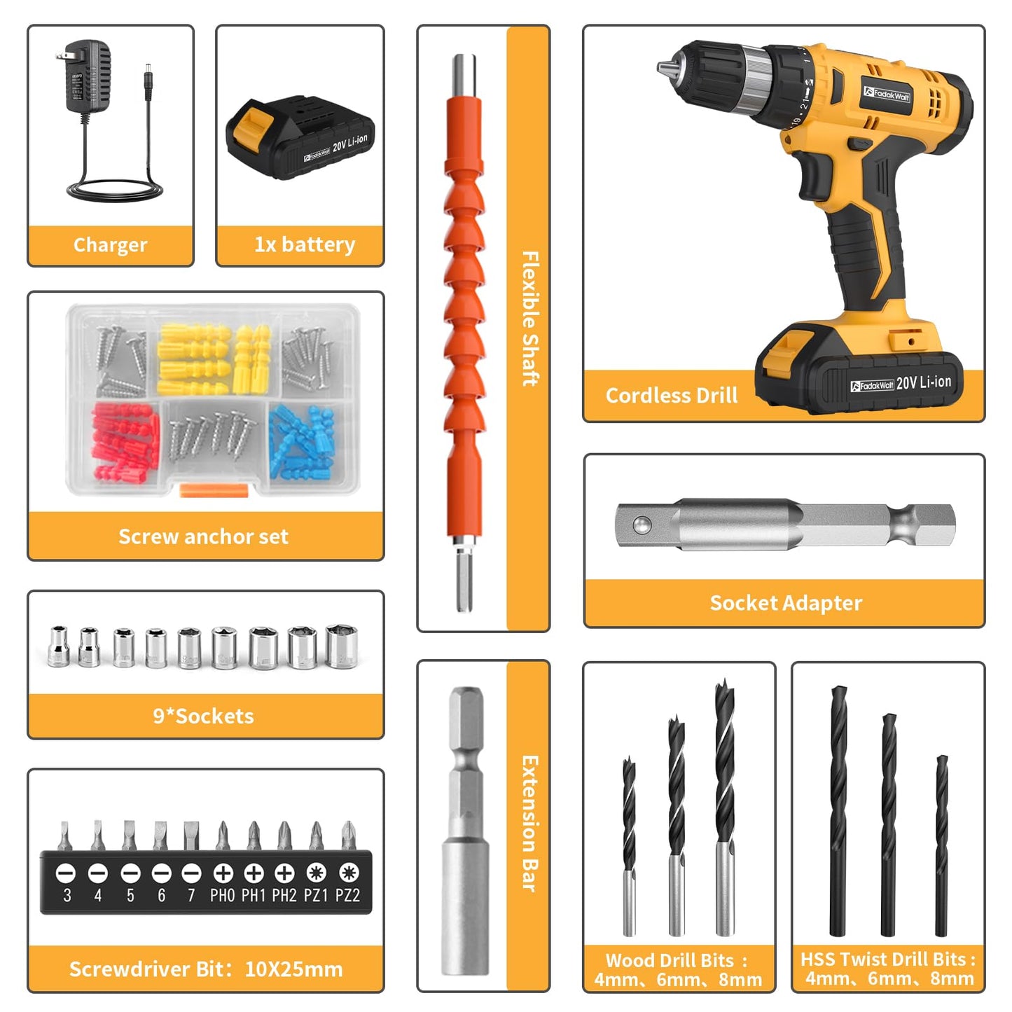 FADAKWALT 20V Cordless Drill Set ,Powerful Drill bit Sets,Torque 30N,21+1 Torque Setting,3/8” inch Keyless Chuck, 40pcs,Electric Drill with 2.0AH Li-Ion Battery and LED Light.