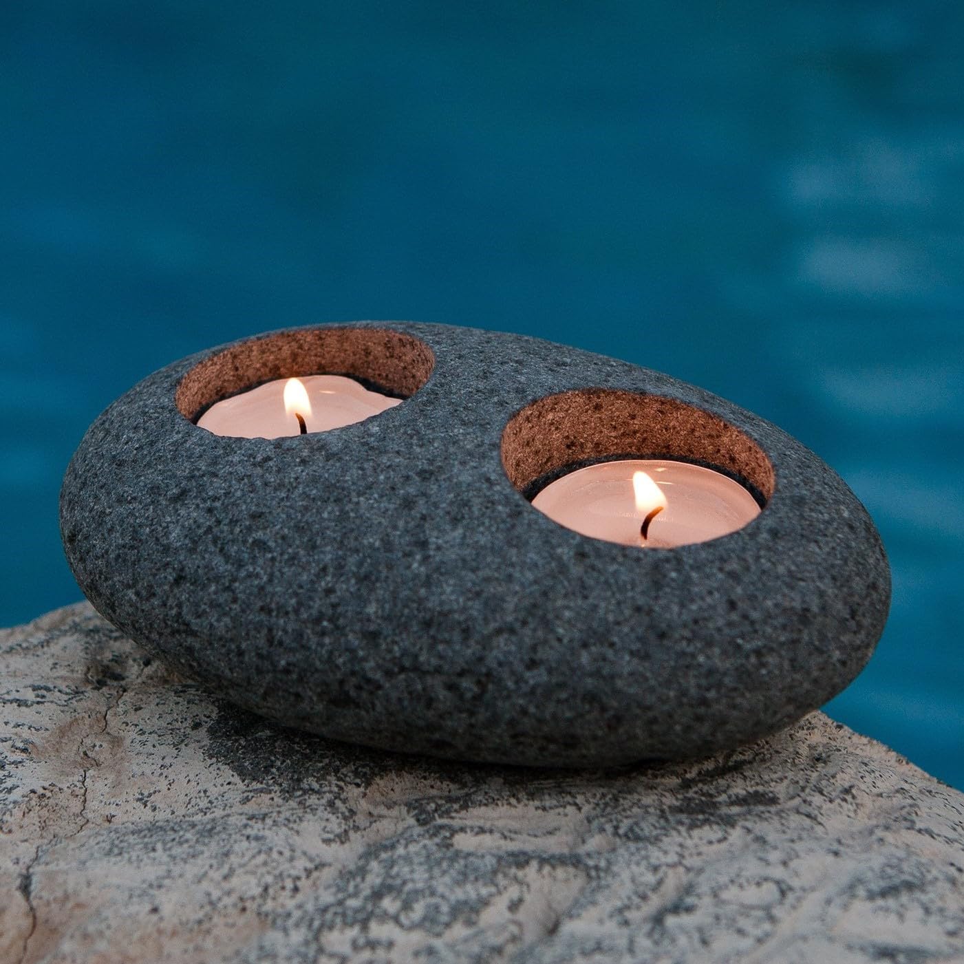 Natural Beach Pebble T-Light Holder - Double