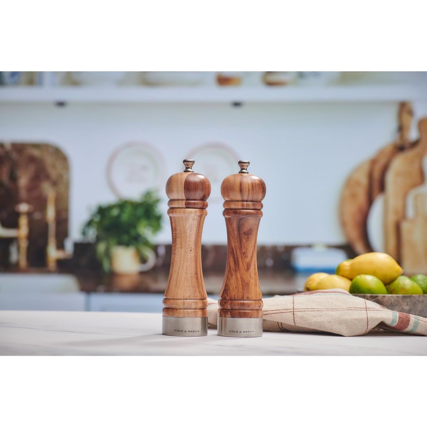 Cole & Mason Camden Acacia Salt & Pepper Mill - Dual-Use Grinder - Interchangeable Knobs - Adjustable Fine-to-Coarse Grind - Stylish Acacia Wood Kitchen Tool - 8 Inch
