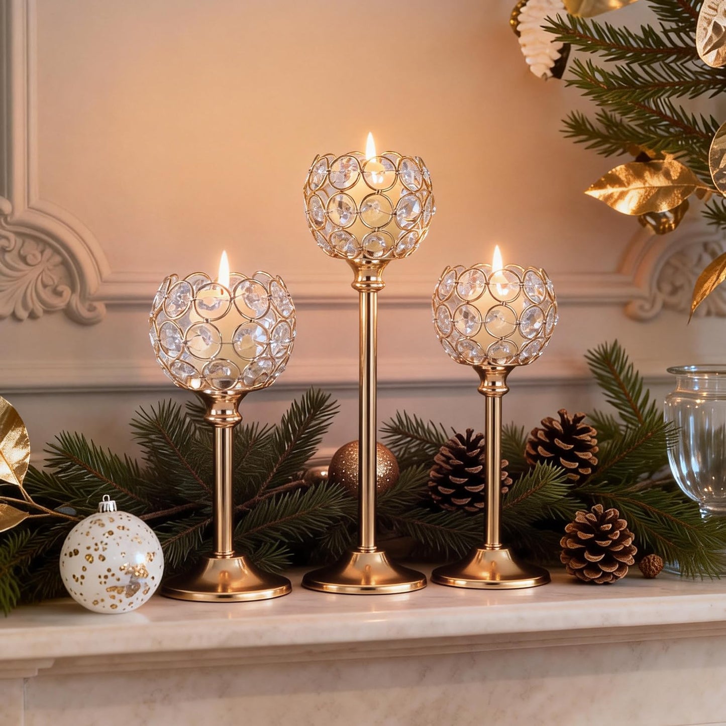 Oakernel Gold Crystal Candle Holders Candlestick Holders - 2 Sets Tall Bling Bowl Candelabra Centerpieces for Dining Table, Wedding, Party & Fireplace Mantel Decor,6Pcs