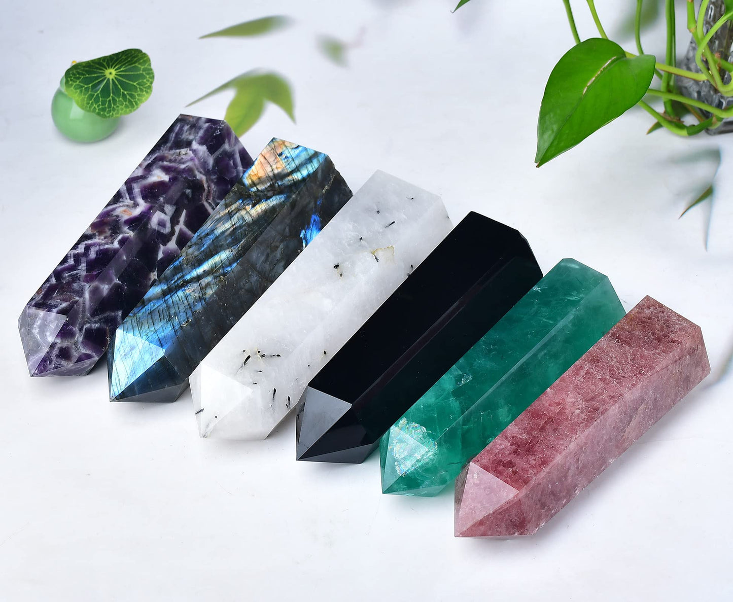 FZBHRO Large Green Fluorite Quartz Towers Crystal Point Obelisk 6 Faceted Healing Crystal Stone Wand for Beginer Meditation Gift 2.2-2.6 Pound