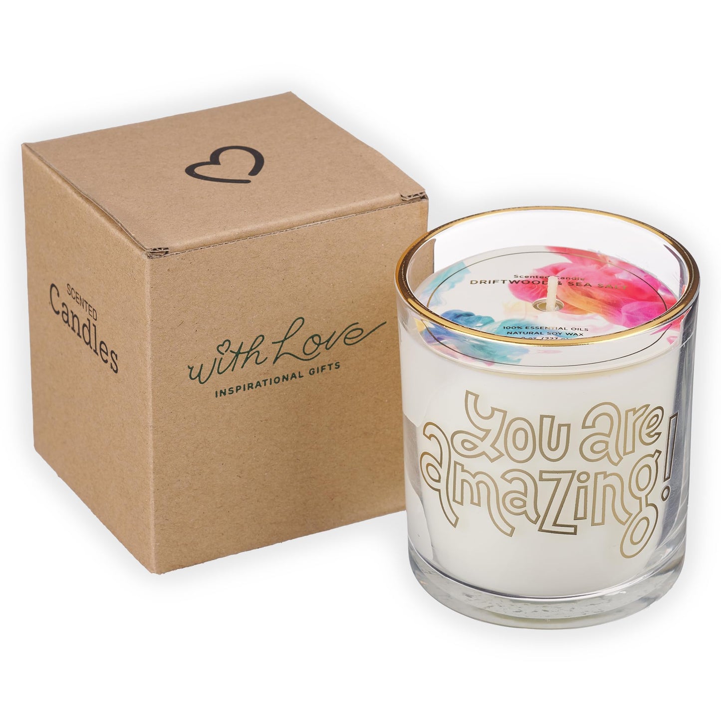 With Love Driftwood & Sea Salt Scented Candle, Soy Wax, Pure Essential Oils, You are Amazing Sentiment, Friendship Gifts, White and Gold Design Glass Jar, 40 Hours Burn Time
