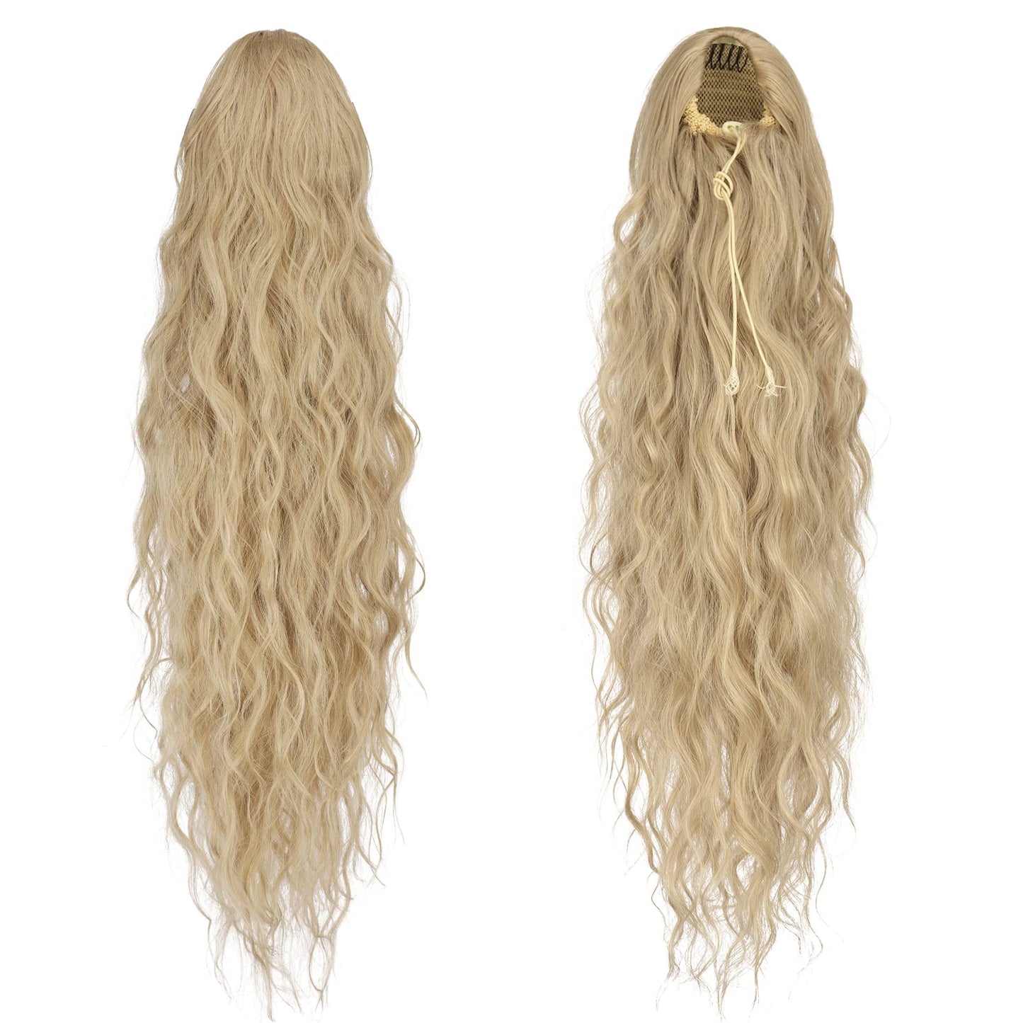 FESHFEN Long Curly Wavy Drawstring Ponytail Extensions Clip in Wavy Synthetic Hairpieces Ash Blonde Drawstring Ponytail Curly Hair Piece Pony Tail Extension for Women, 26 inch