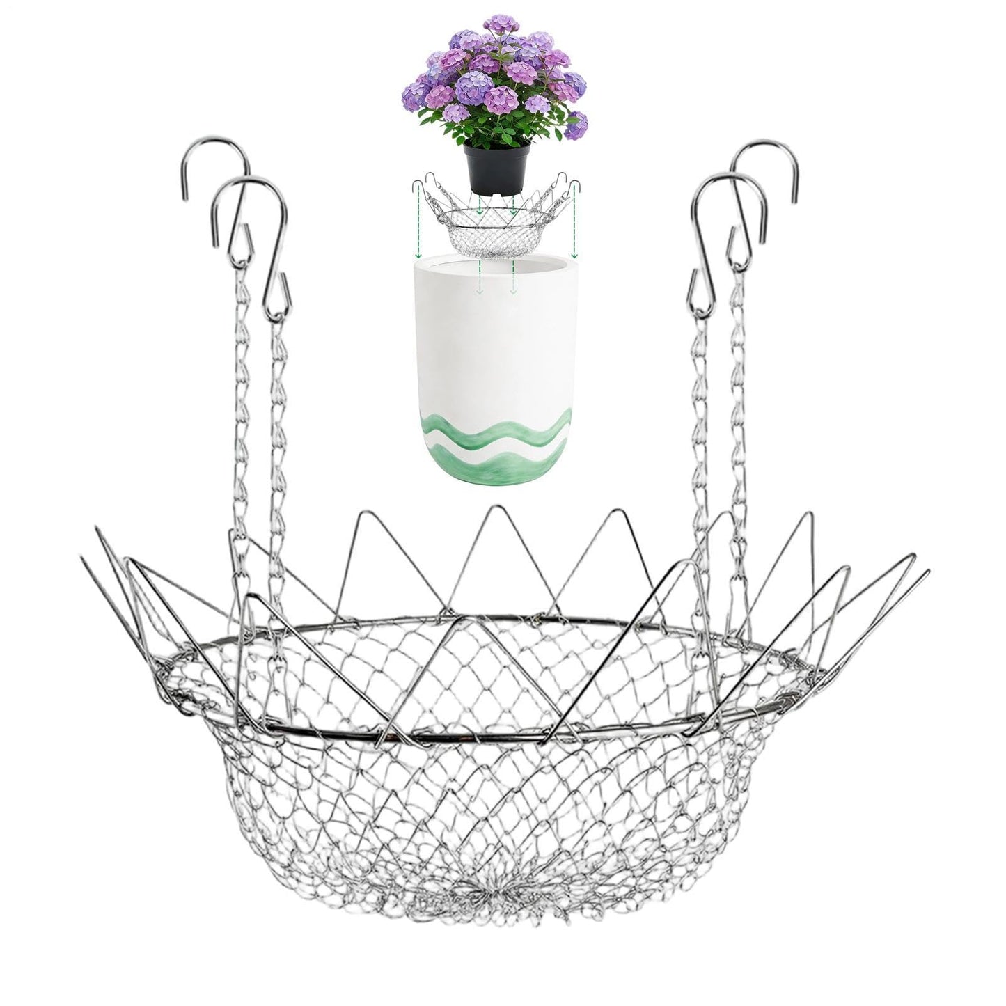 Adjustable Planter Insert For Pots, Heavy Duty Rustproof Plant Riser With Hanging Chains, Rustproof Stainless Steel Plant Pot With Chains For Indoor & Outdoor Flower Pots, Home Garden, Patio