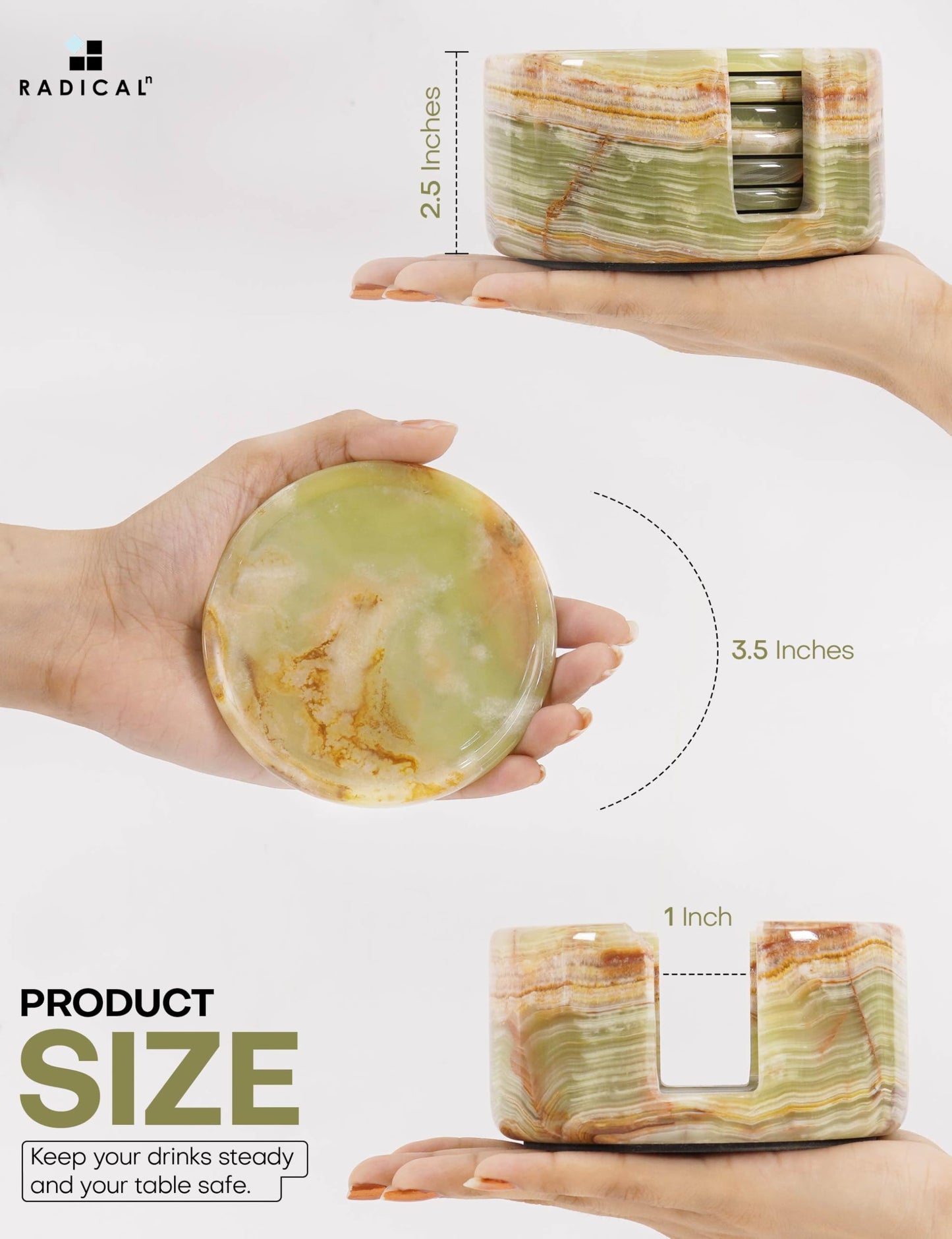 Radicaln Green Onyx Marble Coasters Set of 6 Handmade 3.5" Inches Round Drink Coasters & Cup Coasters for Coffee Table Decor, Ideal Stone Coasters with Holder for Dining Table