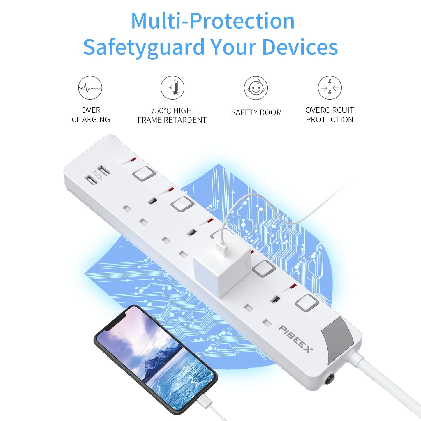 5M Extension Lead with Individual Switches, 13A 4 Way Power Strip 2 USB Lead with USB Slots Multi Plug Socket Extensions 5 Meters Long Extension Cord