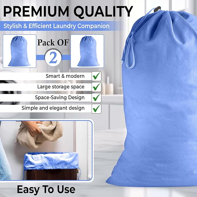 2 Pack - Extra Large Cotton Laundry Bag, Heavy Duty Large Laundry Bags 24 x 36