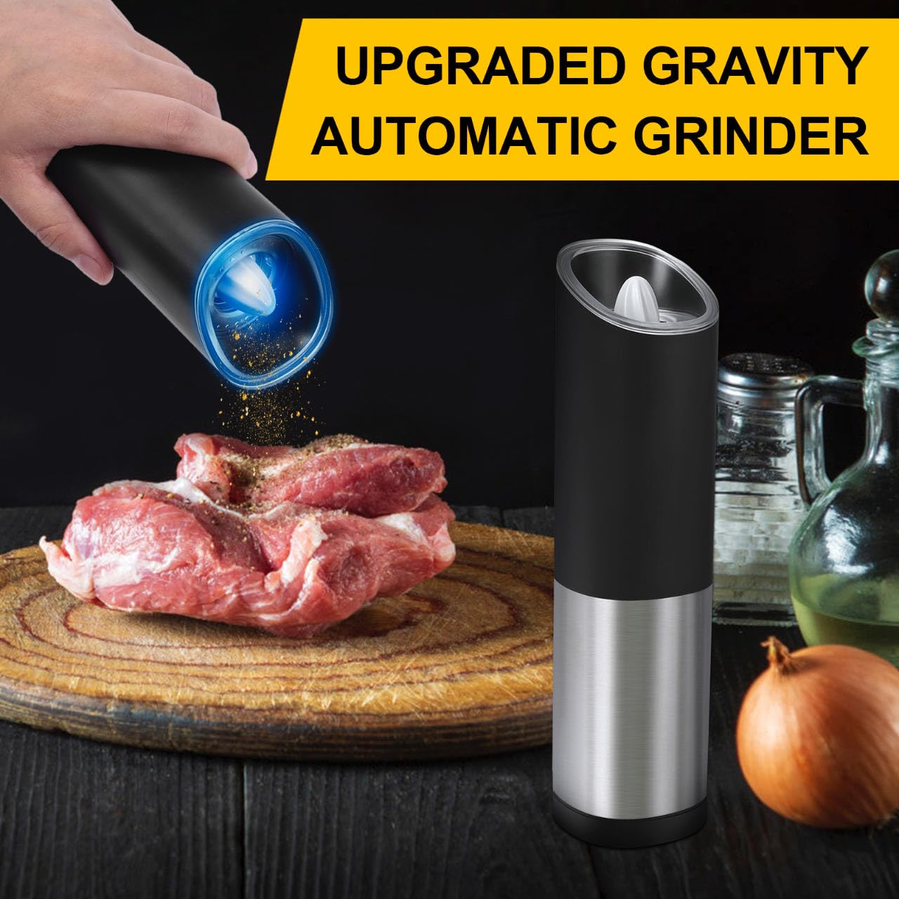 Asdmuchin Gravity Electric Salt and Pepper Grinder Set with Adjustable Coarseness, Large Capacity, Stainless Steel, Portable, Not Easily Knocked Over, Kitchen Utensils Gadgets for Dining Home Gift