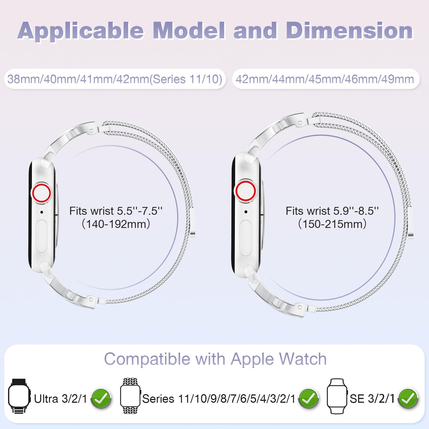 Slim Milanese Loop Compatible with Apple Watch Straps 38mm 40mm 41mm 42mm 44mm 45mm 46mm Series 11 10 9 8 7 6 5 4 SE 3 2 1 Womens,Thin Magnetic Metal band with X-Shape Diamond Clasp for iWatch Straps