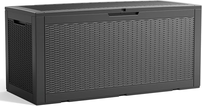 100 Gallon Resin Deck Box, Lockable Patio Outdoor Storage Box for Furniture, Garden Tools and Tools Storage, Waterproof Outside Storage Boxes - Black