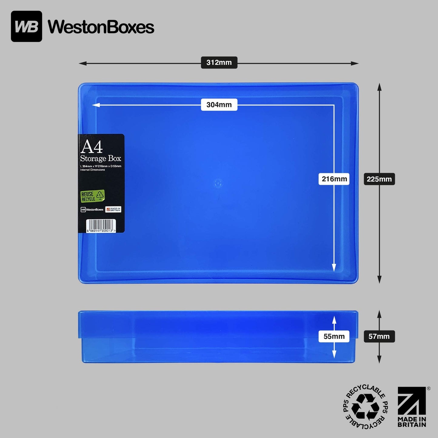 WestonBoxes A4 Colourful Transparent Plastic Craft Storage Boxes with Lids for Art Supplies, Paper and Card (Multicoloured/Transparent, Pack of 5)