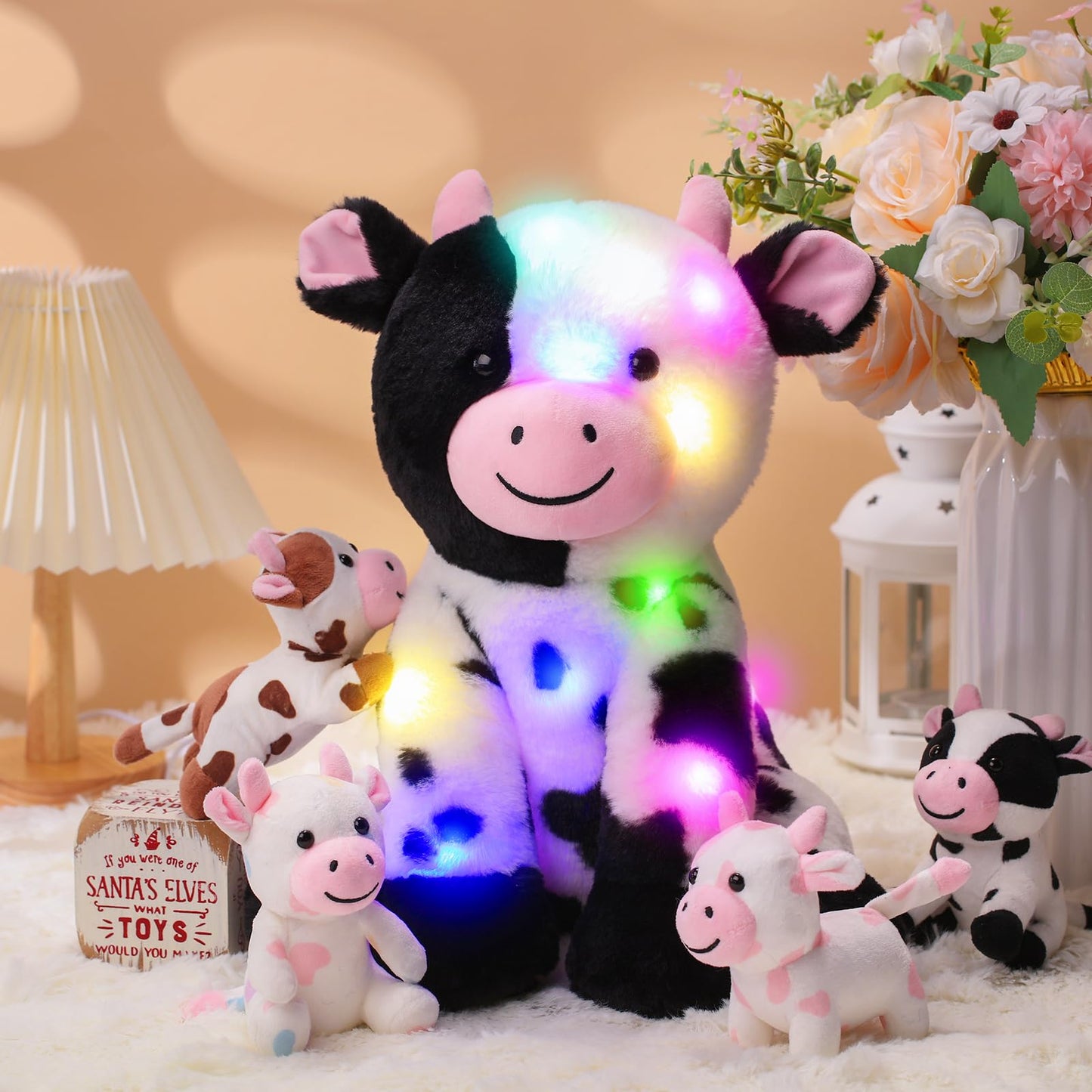 Sumind 5 Pcs Cow Stuffed Animal Set 13.78 Inch Mommy Cow Plush Toy with 4 Baby Cute Calf in Her Tummy Large Stuffed Animals with Babies Inside for Christmas Toddlers Girls(LED)