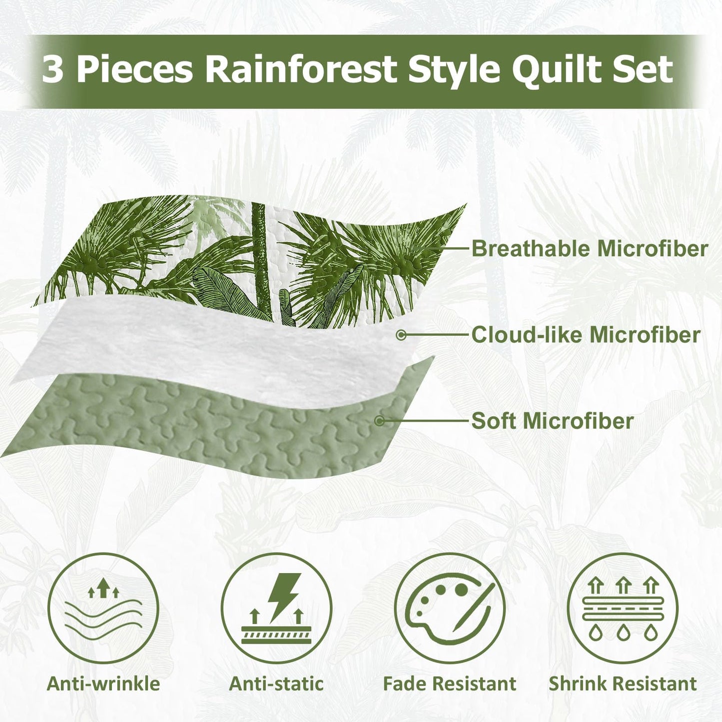 Luxudecor Tropical Plants Quilt Set King Size 3 Pieces Green Palm Botanical Bedspread Rainforest Style Bedding Set Soft Lightweight Bed Cover All Season 104"x90"