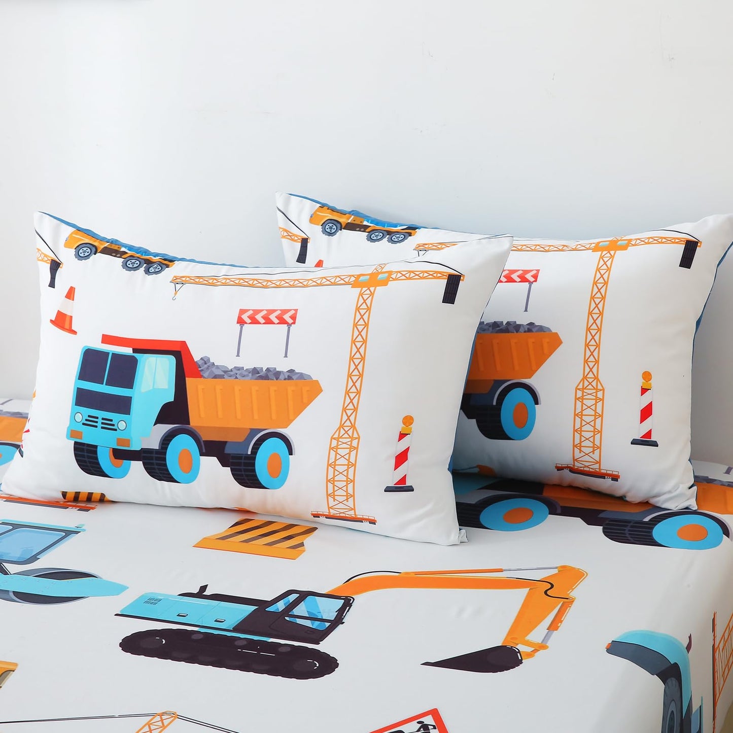 Jameswish 7 Pieces Boys Comforter Set Twin Size Excavator Bedding Set Cartoon Car Kids Bed in a Bag Construction Truck Bedding for Children Kids Boys Teens for Birthday Choice