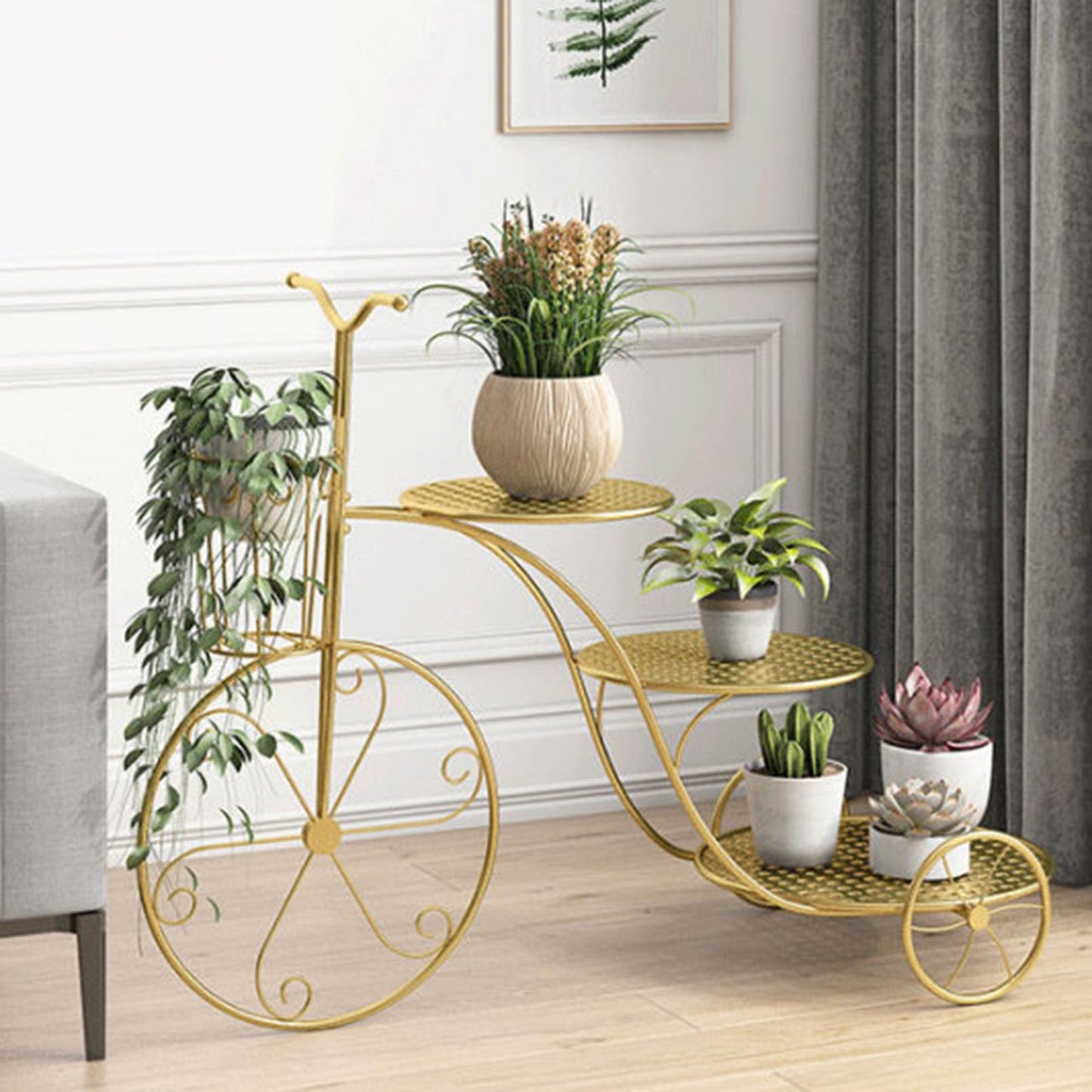 Creative Plant Stand 4 Tier Indoor Metal Flower Shelf for Multiple Plants Corner Tall Flower Holders for Patio Garden Living Room Balcony Bedroom, With 3 Round Pallets