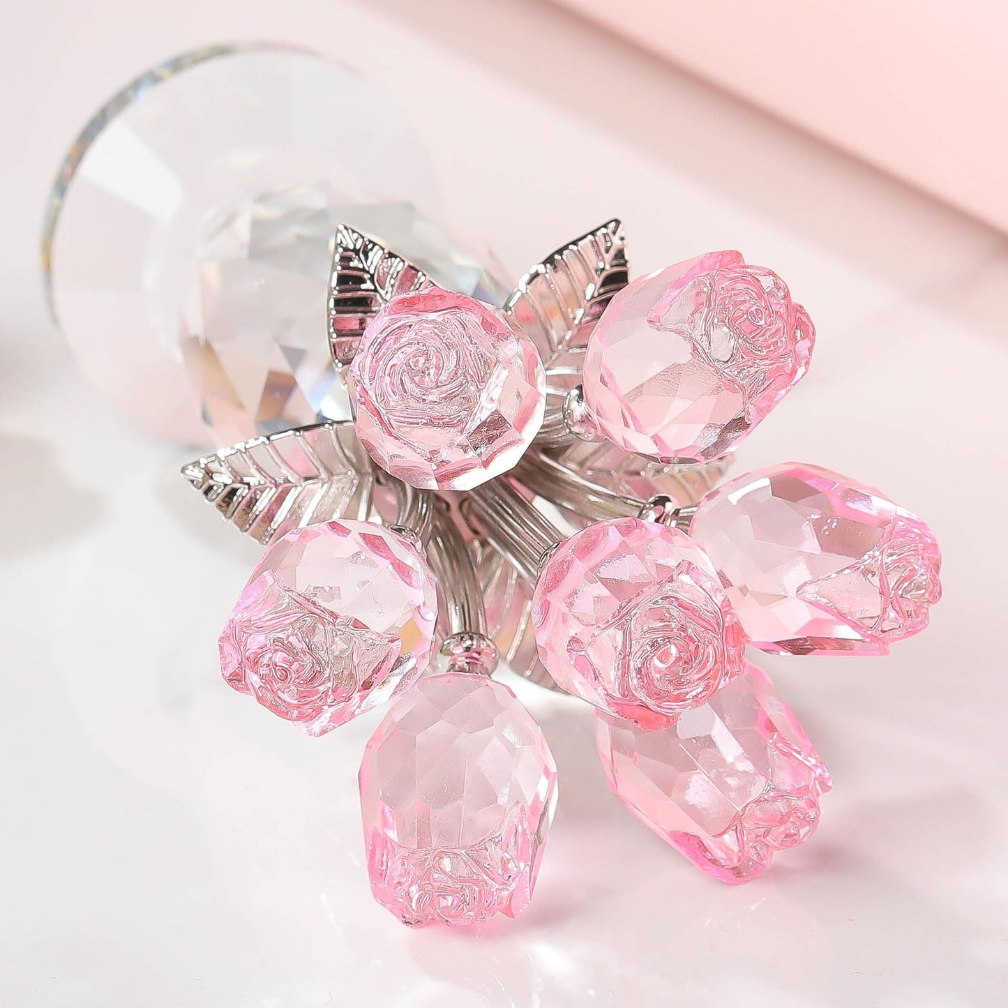 Movdyka Glass Rose Flower Pink Bouquet Crystal Figurines Home Decor
