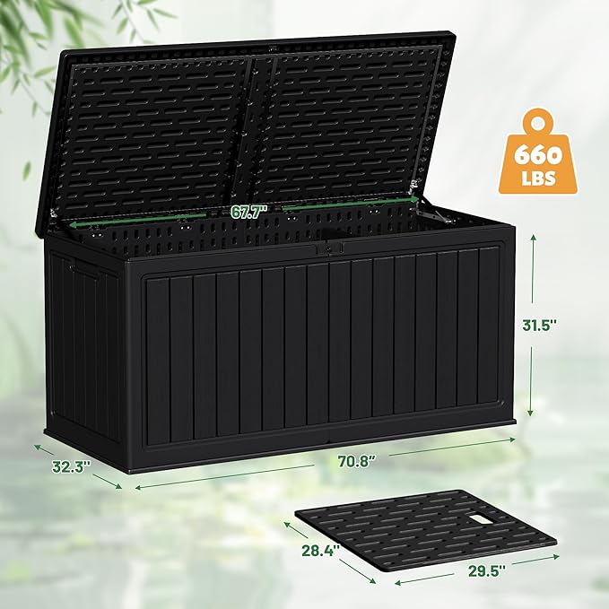 Devoko 260 Gallon Double-Wall Deck Box with Divider, Side Handles, Resin Outdoor Large Storage Box Waterproof and Lockable for Patio Furniture, Garden, Pool (Black, 260 Gallon)
