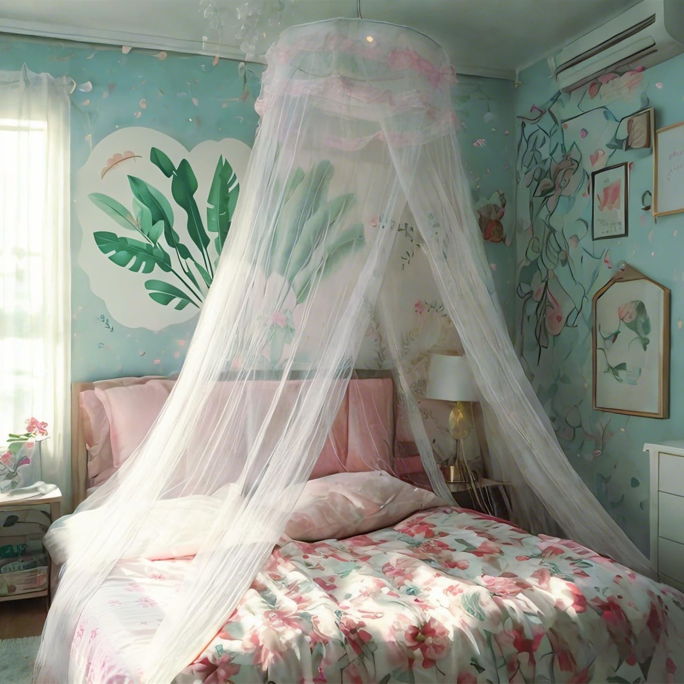 Eimilaly Lace Bed Canopy Mosquito Netting with Warm Lights, Princess Bed Canopy for Girls Room Decor, White/Single Door