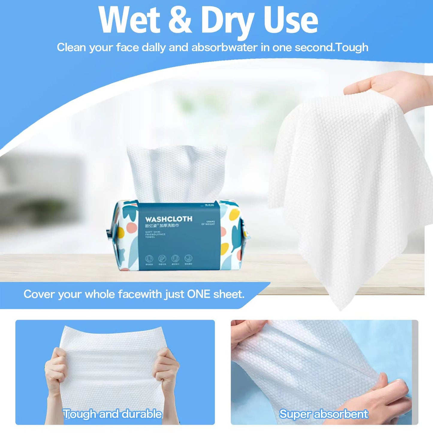 100 Count Disposable Face Towel,Thickening Ultra Soft Washcloths,Facial Cotton Tissue,Lint-free cotton dry wipes Multi-Purpose for Skin Care,Make-up Wipes,Face Wipes and Facial Cleansing