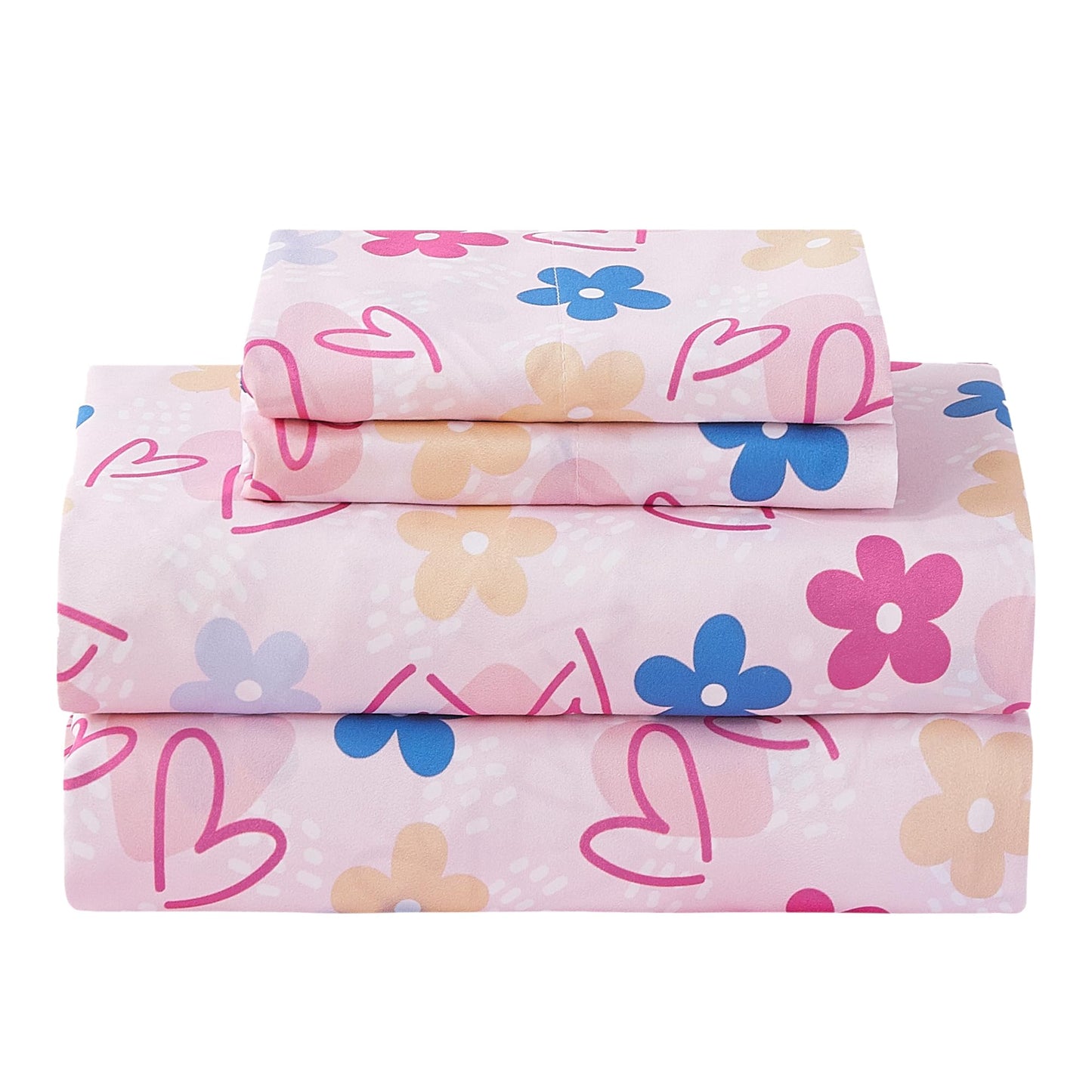 CozySmile Full Sheet Set Kids,4 Pieces Breathable Soft Microfiber Bedsheets for Child Girls, Oeko-TEX, Anti Pilling Deep Pockets Easy Care Bed Sheets, Heart