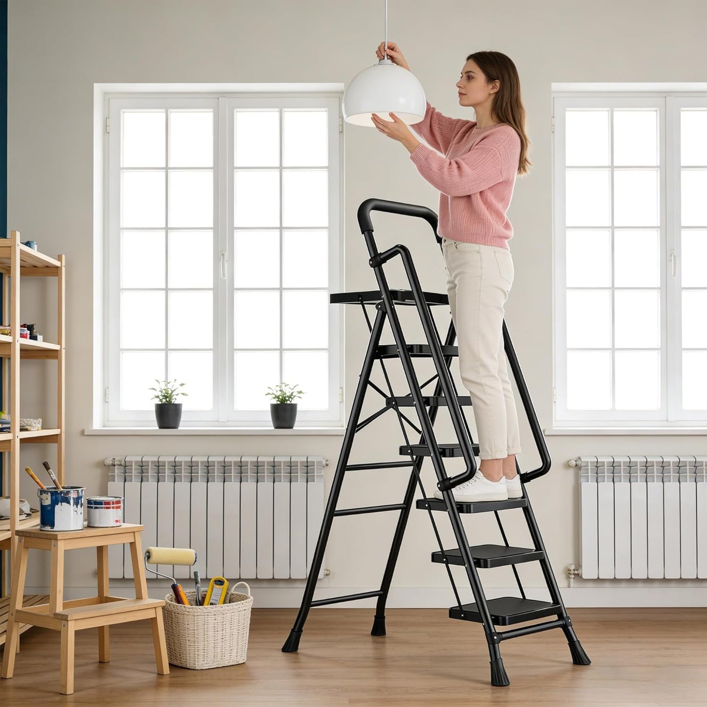 Step Ladder with Platform,Folding Step Stool,Heavy Duty Step Ladders with Anti-Slip Widen Pedals,Handrail,Safe-Lock Design,Step Ladder for Adults (Black, 6 Step+Handrail)