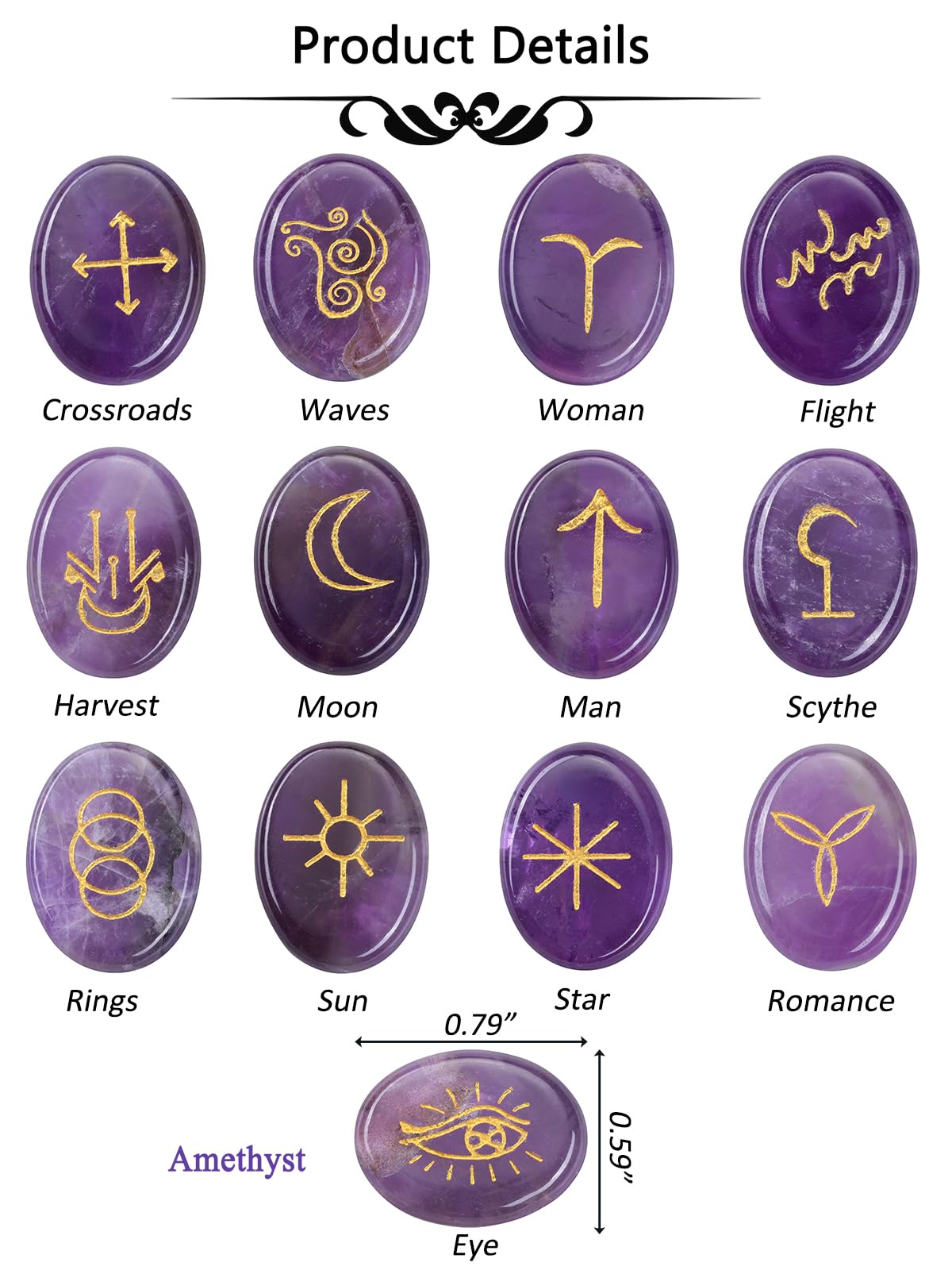CrystalTears Amethyst Crystal Witches Rune Stones Healing Crystals Gemstone Engraved with Reiki Rune Symbol Natural Amethyst Stones Set for Witchcraft Reiki Healing Divination Meditation
